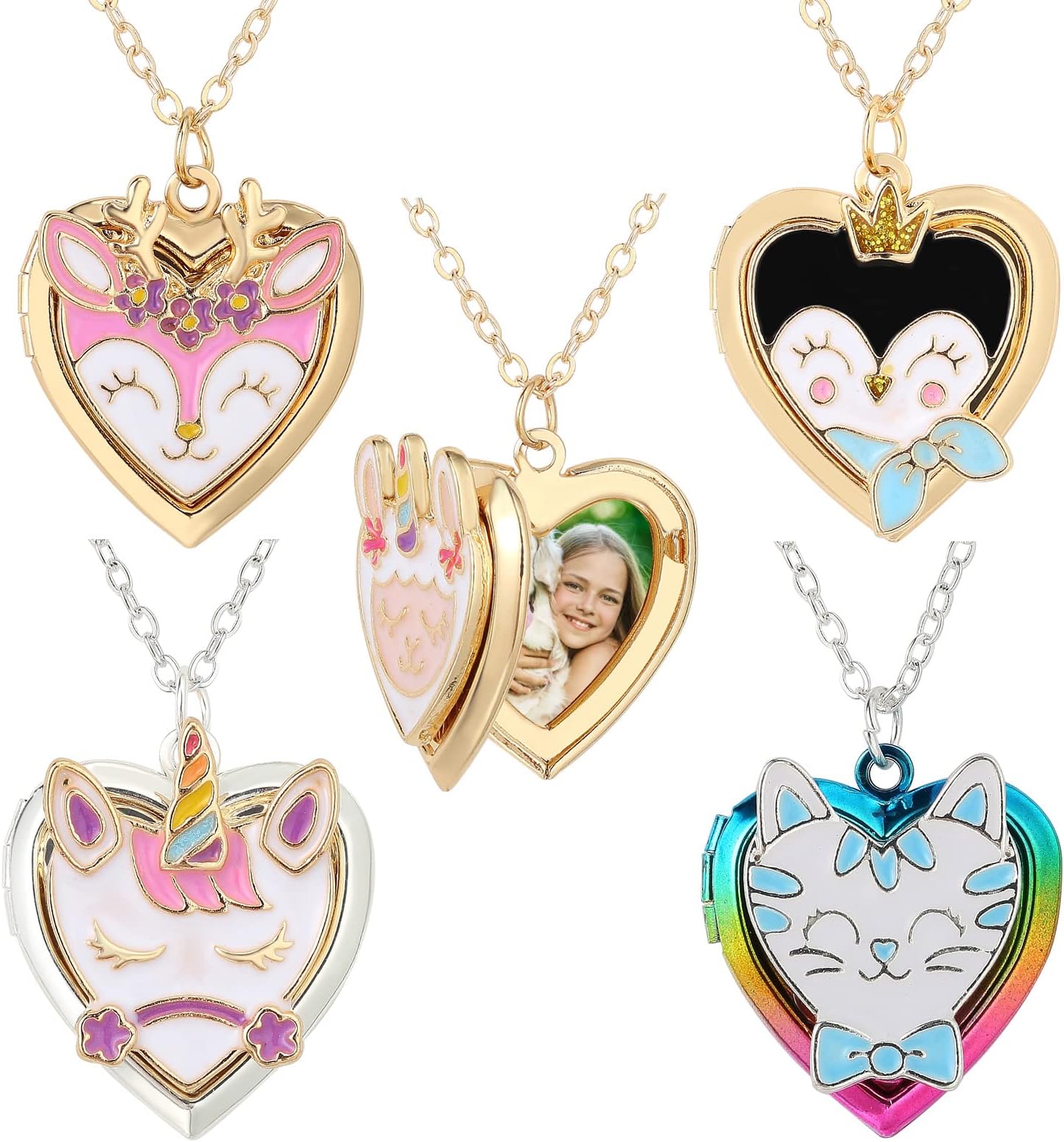 Heart Locket Necklace Picture Necklace for Girl Women Boy Kids Photo Secret Inside Storage Vintage Necklace Unicorn Deer Cat Pendant Kids Gifts Jewelry Young Girls Women