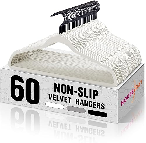 HOUSE DAY Paquete de 60 perchas de terciopelo blanco, colgador de fieltro antideslizante, perchas de terciopelo delgadas para trajes, camisas