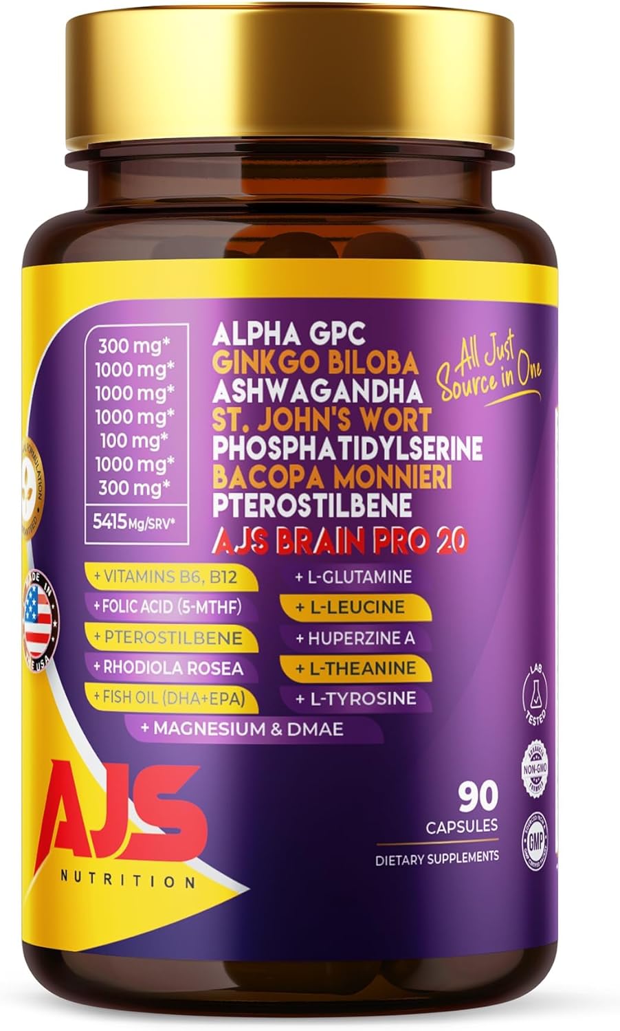 AJS Alpha GPC Nootropic Brain Supplement 90CT,Phosphatidylserine,St. John'sWort Ginkgo Biloba, Ashwagandha,Bacopa Monnieri,Pterostilbene,Magnesium Glycinate,Ginkgo Biloba (270 Count (Pack of 3))