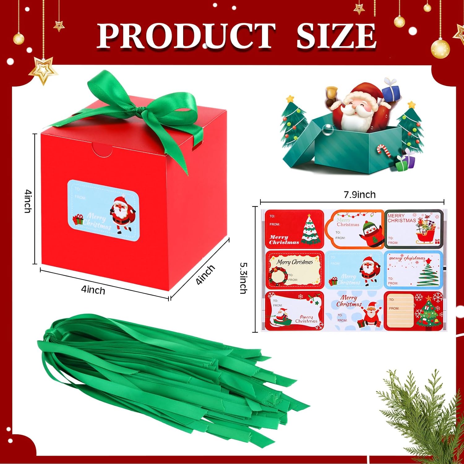 TecUnite 100 Pack Christmas Red Gift Boxes with Lids Tag,4x4x4 Inch Bulk Christmas Wrapping Boxes with Green Ribbon for Candles, Mugs, Crafting, Birthday Party