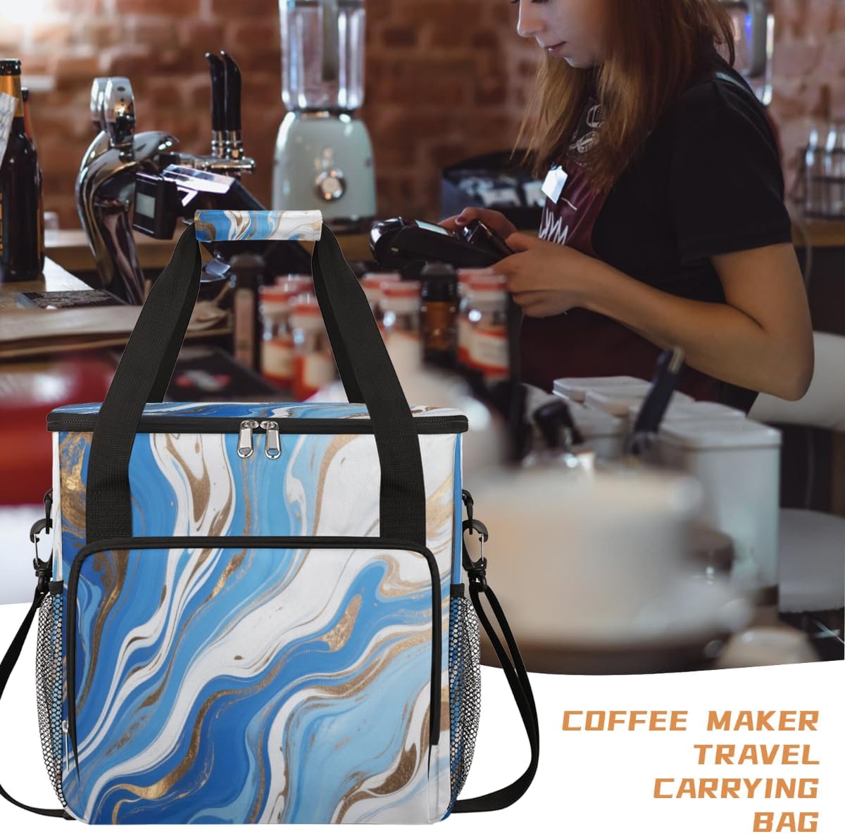 Blue White Gold Portable Coffee Maker Carrying Bag Compatible with Keurig K-Mini or K-Mini Plus - Travel Storage Tote with K-Cup Pod Pockets for Single Serve Coffee Brewer