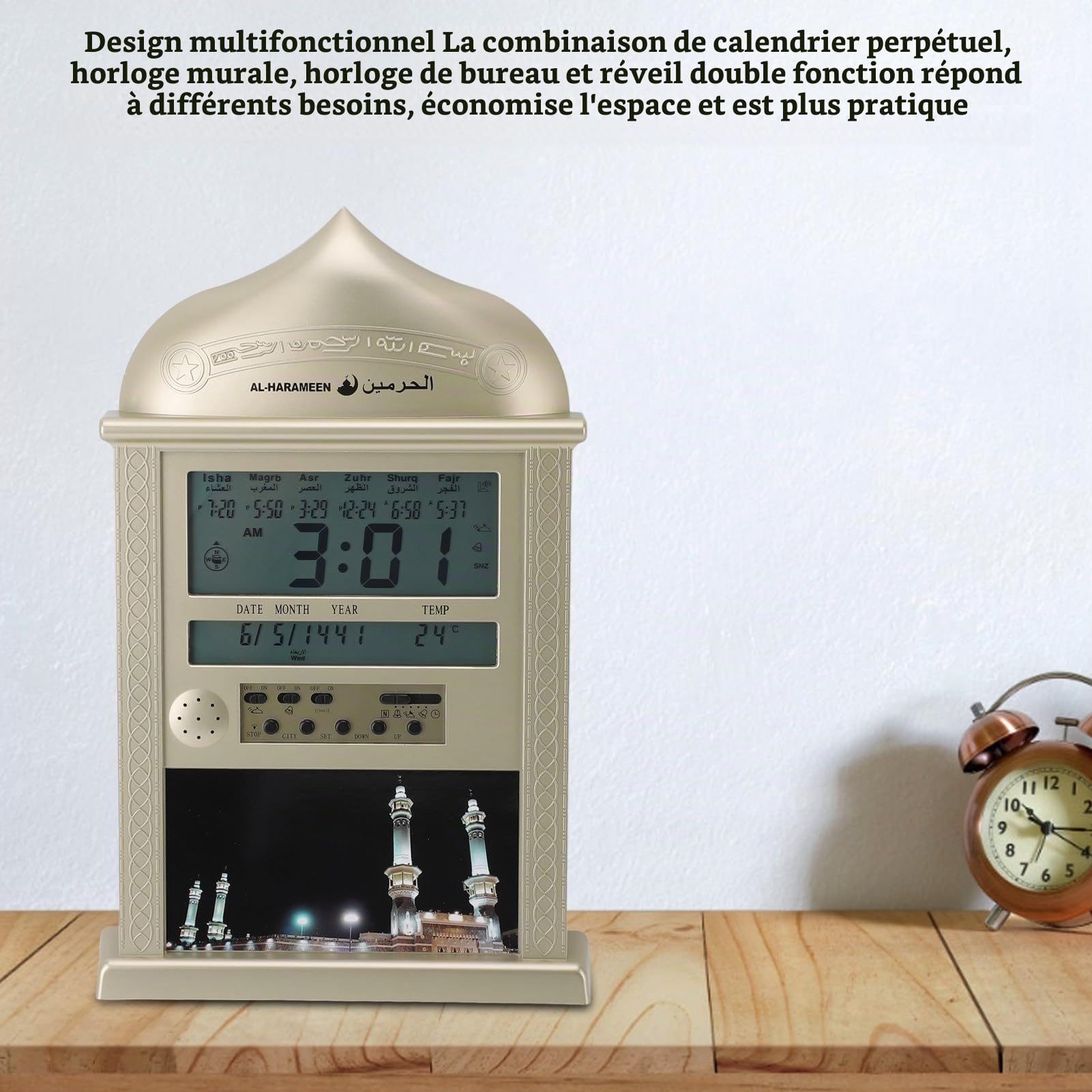Jectse Azan Horloge, Réveil Portatif Multifonction d'Horloge de Prière pour l'affichage de Bureau (Gold)