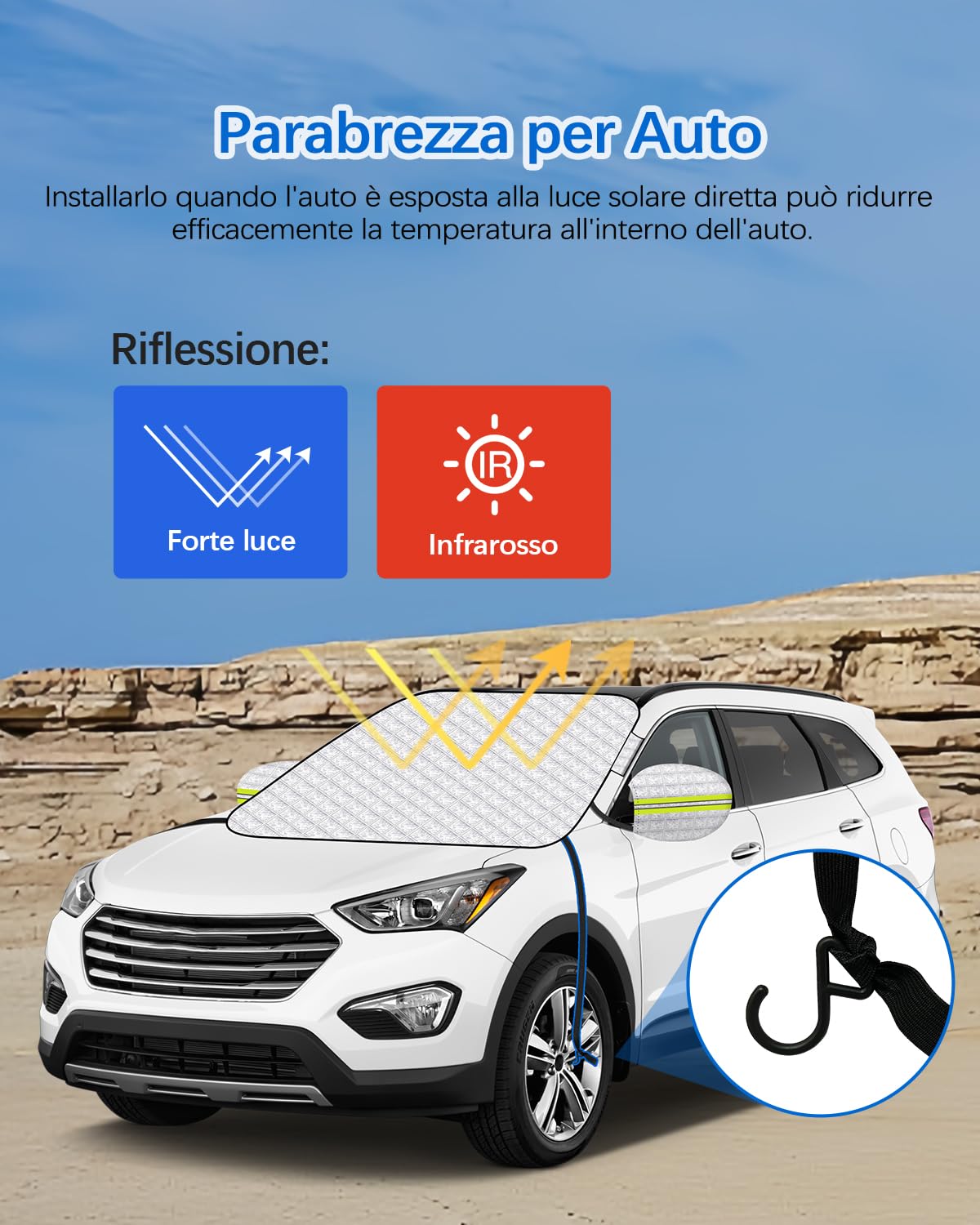 Parasole per Parabrezza Auto Copertura antineve con Cinghia, Parasole per Neve e Ghiaccio, Protezione per Parabrezza, Copertura Antipolvere, Telo copriauto per Inverno e Estate