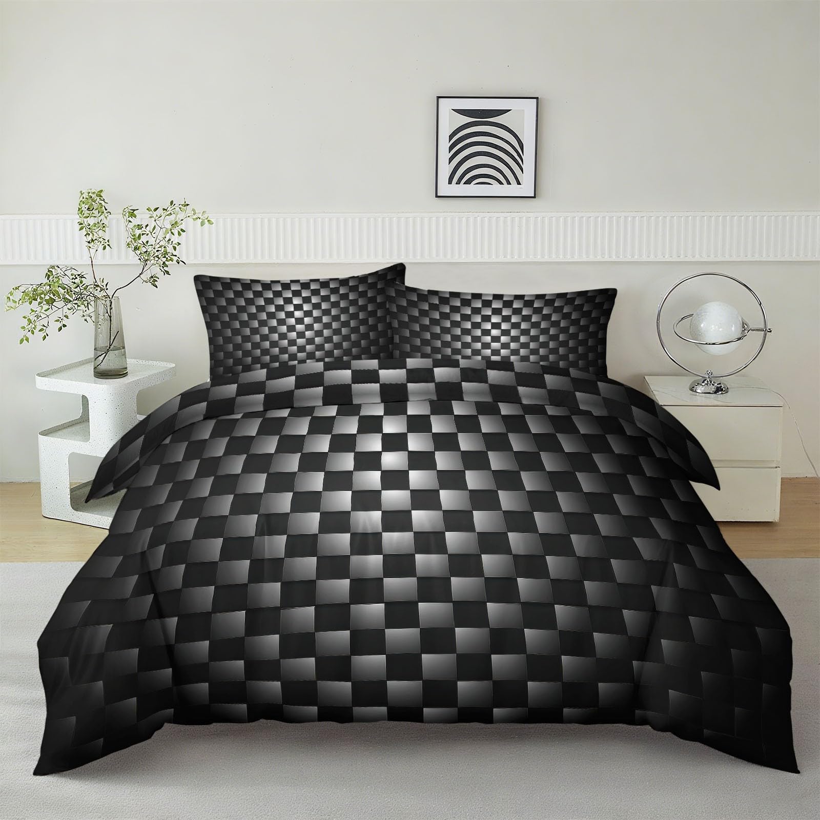 Zestaw pościeli 180 x 220 cm Dwustronna geometryczna poszewka na kołdrę czarny szary kwadrat, nowoczesna poszwa na kołdrę miękki i oddychający komplet pościeli - luksusowa sypialnia z poszewkami na