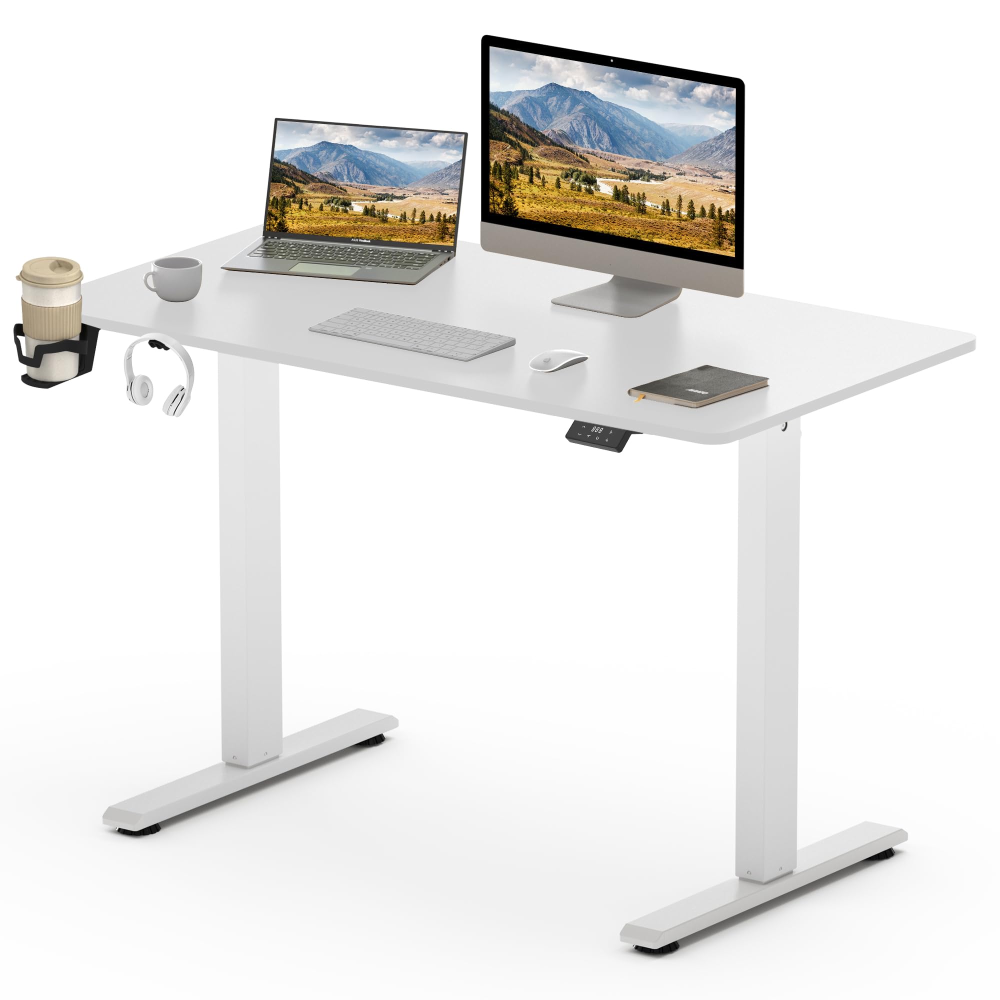 SANODESK Escritorio Elevable Eléctrico 110x60cm con Tablero Entero(con Gancho/Portabotellas), Standing Desk, Escritorio Ajustable en Altura con Tablero, Función de Memoria, para Trabajo/Hogar(Blanco)