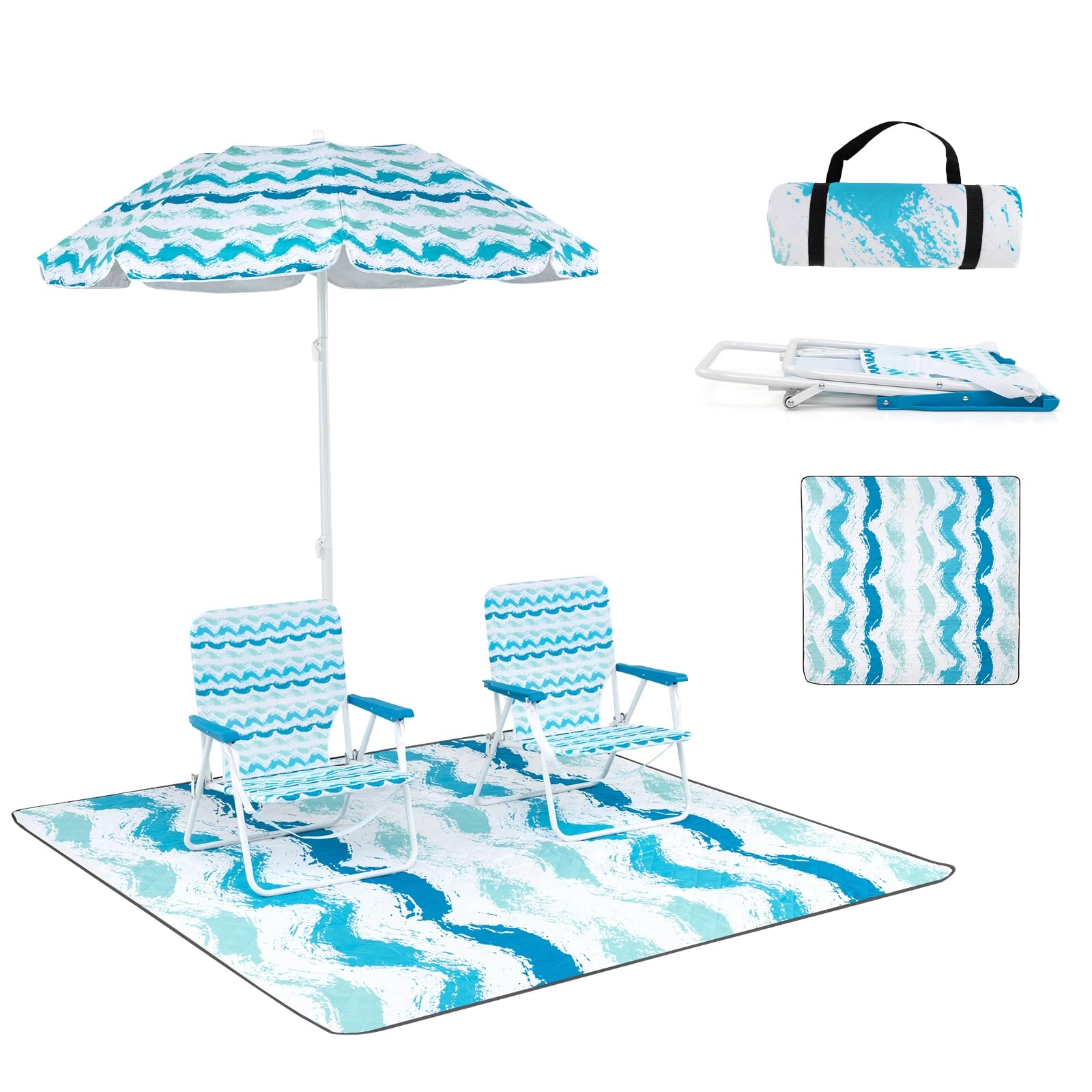 KOMFOTTEU Juego de 2 Sillas de Playa con Sombrilla y Manta de Picnic, Sillas Pórtatiles Plegables con Portavasos, Sombrilla Reclinable a 30 ° con Bolsa de Transporte, para Camping, Pesca (Azul)