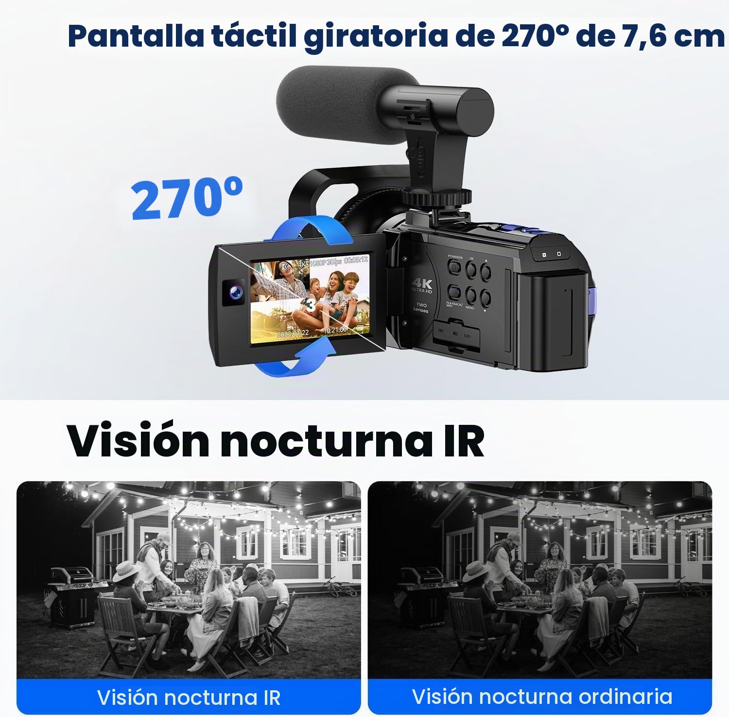 5K Cámara de Vídeo Videocámara 56MP WiFi Doble Lente Cámara Vlogging para Youtube con 16X Visión Nocturna Infrarroja, Pantalla Táctil 3" Camcorder con 2 Baterías, Tarjeta 64GB, Mando a Distancia