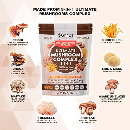 Miniatura 4 de Complejo de hongos 8 en 1 una mezcla de extractos solubles en agua de 8 hongos potentes, formulado para apoyar la inmunidad, mejorar la claridad, la