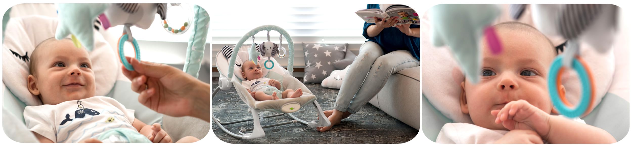 Nukido Babywippe Baby Wippe Babyschaukel Babyliege - mit Vibration und Spielzeugen - Rutschfeste Füße und 3-stufige Sicherheitsgurte - bis 18 kg Grau-Minze