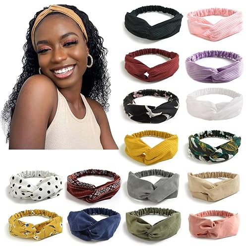 DRESHOW Paquete de 16 diademas tipo turbante para mujer, bandas elásticas para el cabello trenzadas en la espalda, accesorios para el cabello