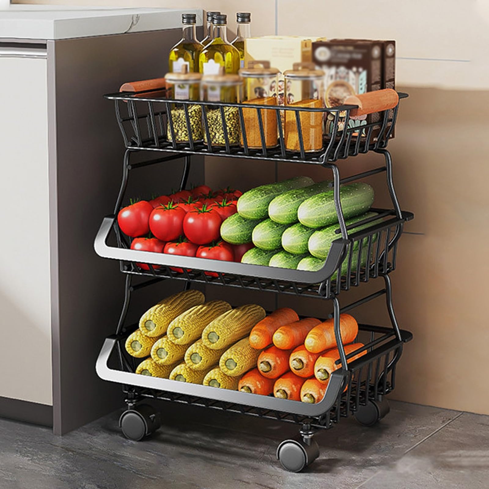 Étagère à fruits et légumes à 3 niveaux pour une cuisine ordonnée