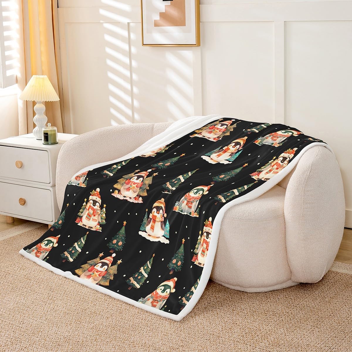 Cartoon Penguin Blanket Queen 90x90 Christmas Pine Tree Blanket for Boys Girls Geometric Dots Snow Sherpa Blanket Kawaii Antarctic Animal Bed Blanket Sofa Bed Couch Decor