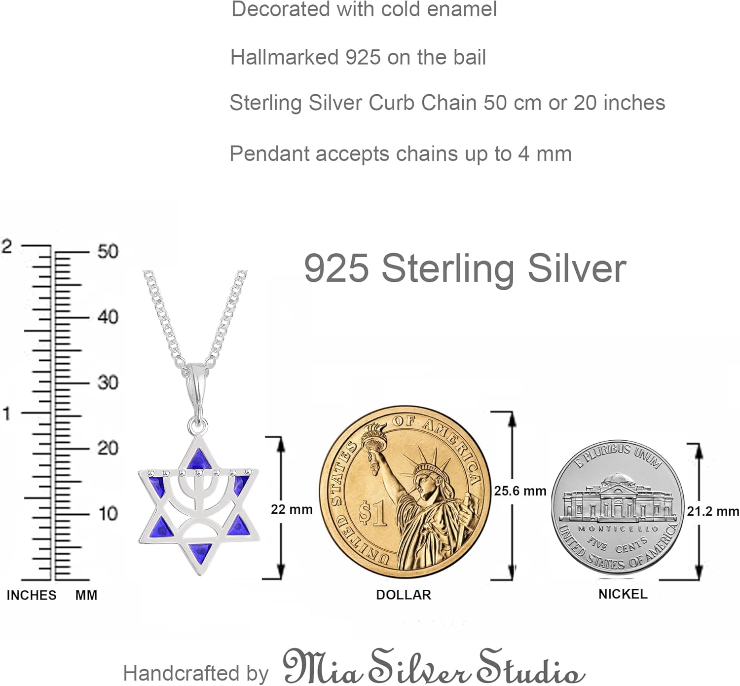 925 Sterling Silver Jewish Star of David Necklace - Blue Enamel Magen David Menorah Pendant with Curb Chain 20 Inch - Judaica Hebrew Jewelry for Women Men - Handmade