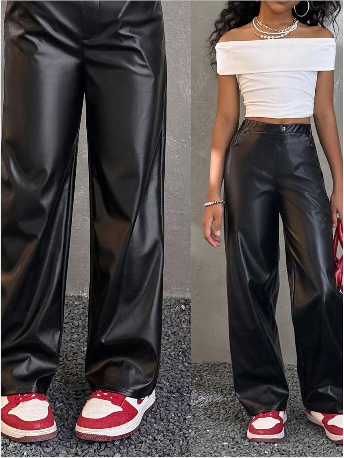 Floerns Girl's Leather Pants Elastic High Waisted Straight Leg Hippie Streetwear Trousers