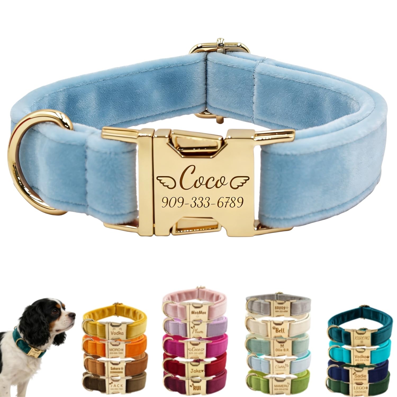 Personalised Velvet Dog Collar with Engraved Name & Phone Number, Luxury Double-Sided Soft Plush Pet Collar for Small Medium Large Dogs & Cats, Adjustable ID Collar with Gold Metal Buckle — image 1