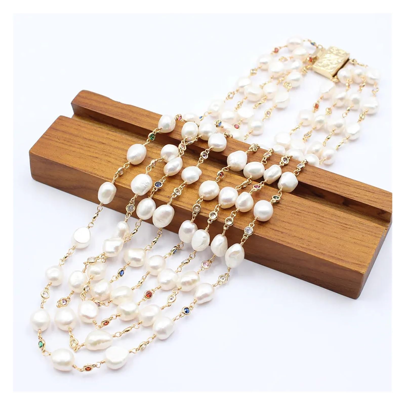 Joyería Collar de cadena de circonita cúbica multicolor con perlas barrocas blancas de agua dulce de 4 hebras de 18.0 in