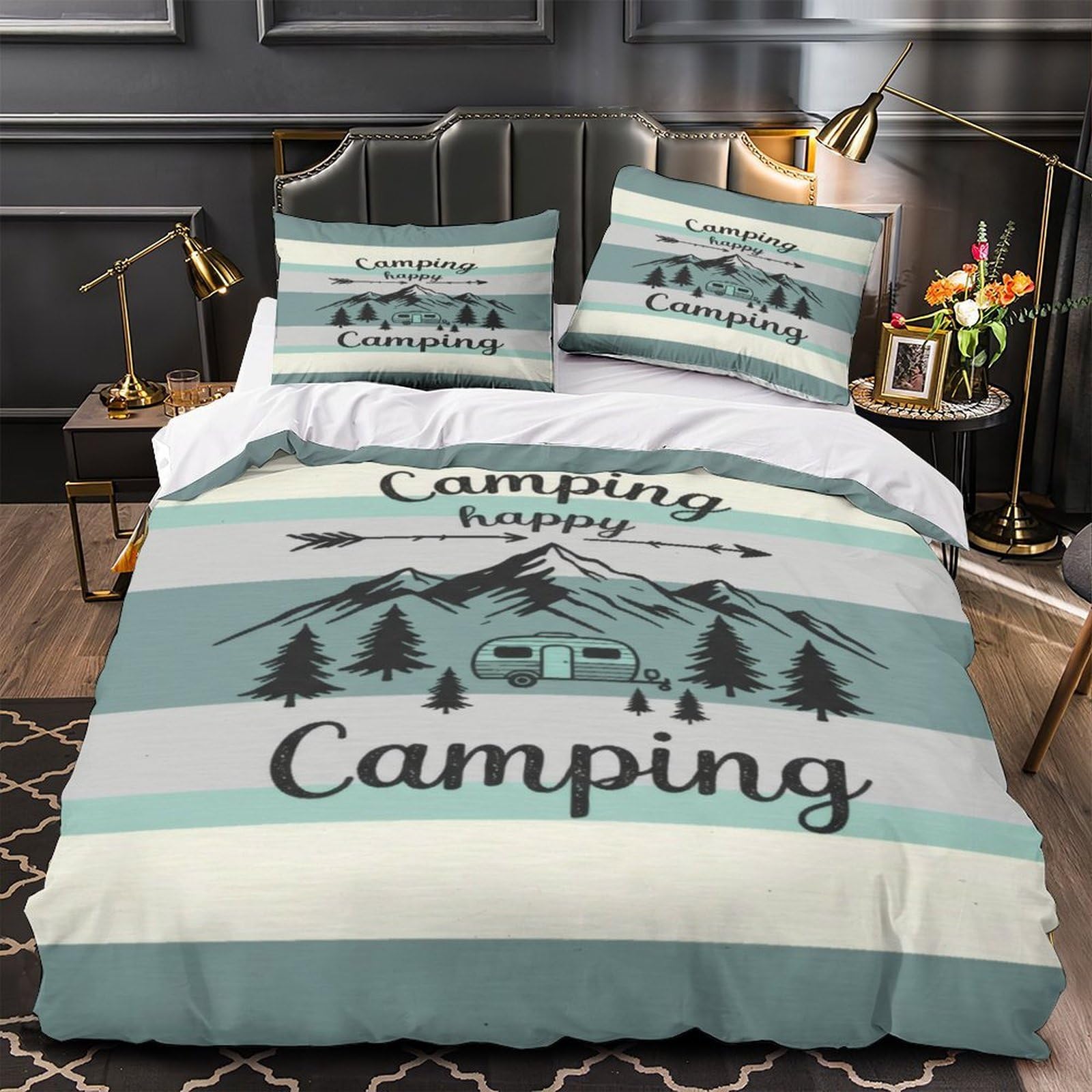 Camping Scene Quilt Cover 3D Print Anti-allergic 3 Pieces Bed Set Hidden Zipper Retro Outdoor Design Duvet Cover Ultra Soft Washable for Adults Kids Teens Women Youth Teenagers Single（140x200cm）
