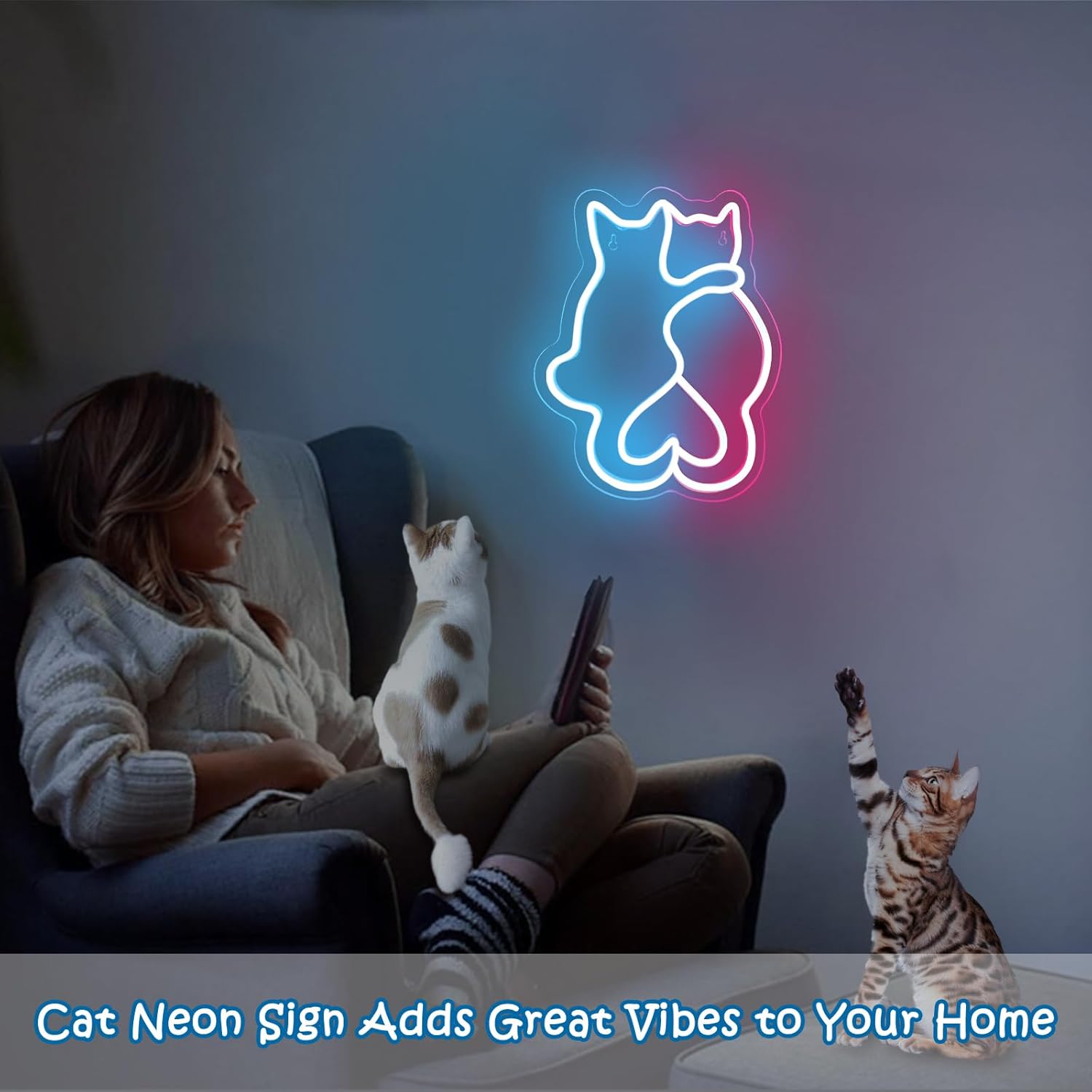 Two Cat Neon Signs, Cat LED Neon Sign for Wall Decor, Cute Cat Neon Lights, Kawaii Animal 3D Wall Art Neon Light Sign for Bedroom Living Room Children Kids Girls Gift Bar Home Party Birthday - Image 2