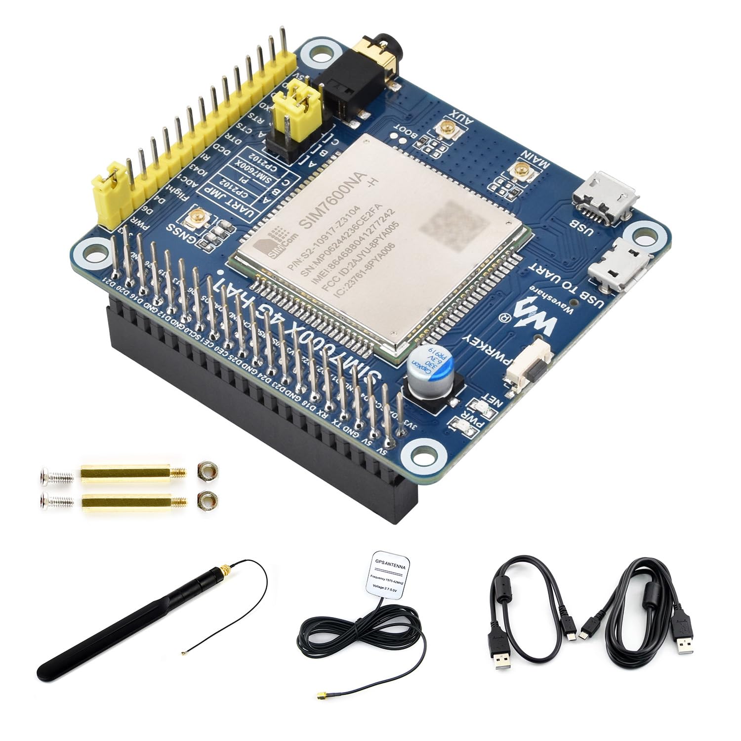 Waveshare SIM7600NA-H 4G HAT, Compatible with Raspberry Pi/Jetson Nano, with GPS, SIM, Audio, at Command Control, UART Debugging, 3G/4G Communication, Positioning, and Voltage Translator