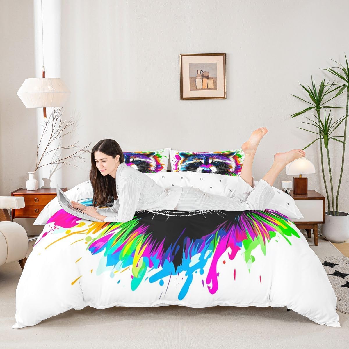 Erosebridal Tie Dyed Raccoon Comforter Cover Twin Size,Splash Graffiti Bedding Sets Kids Teens Rainbow Colored Animal Duvet Cover Cute Raccoon on White Background Bedspread Cover with 1 Pillow Sham