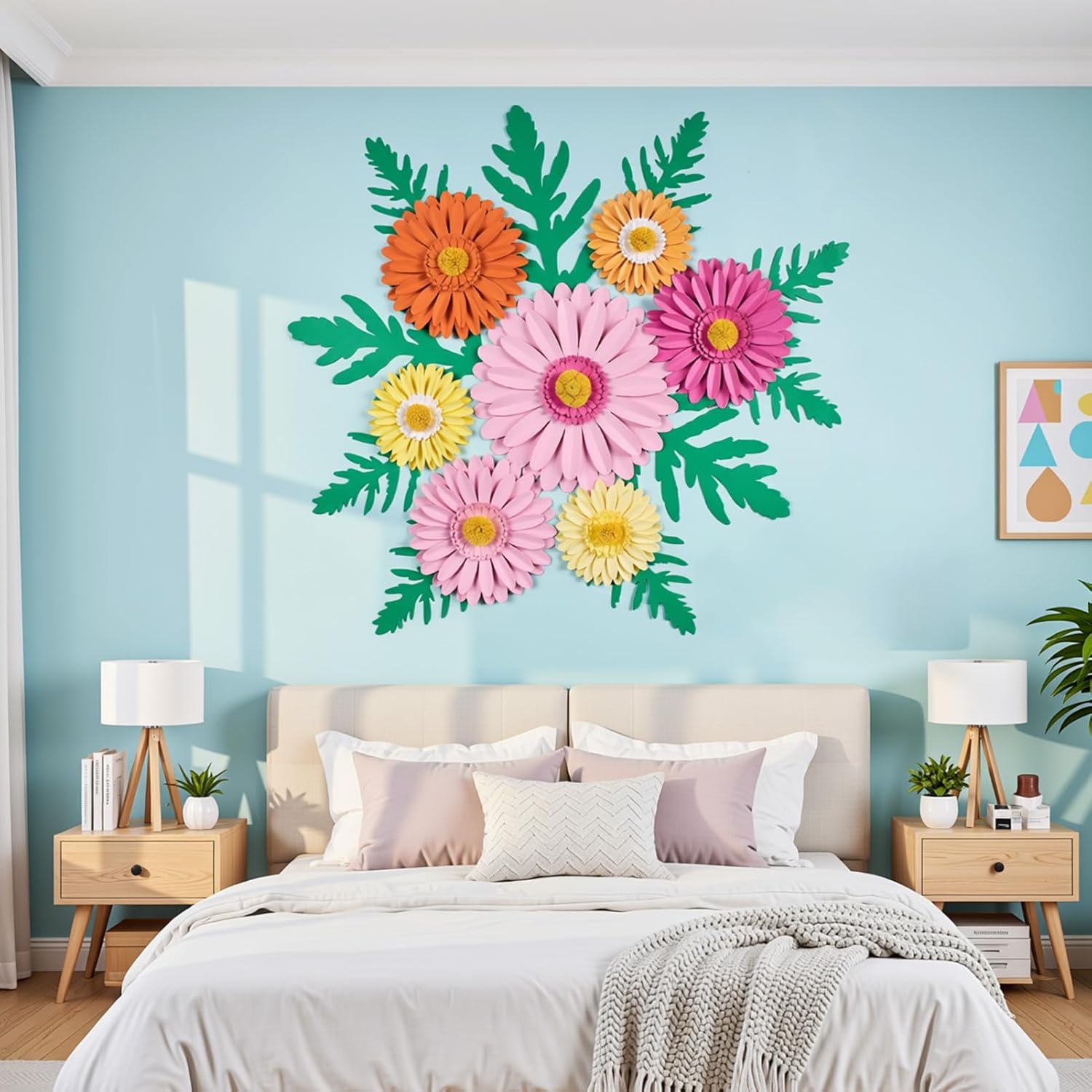 PAPER JAZZ Paper Flower Wall Decor, Handmade 3D Daisy Party Decoration Large Paper Flower in Pink, Orange, Yellow with Green Leaves, Modern Home Wall Art for Bulletin Board,Easter