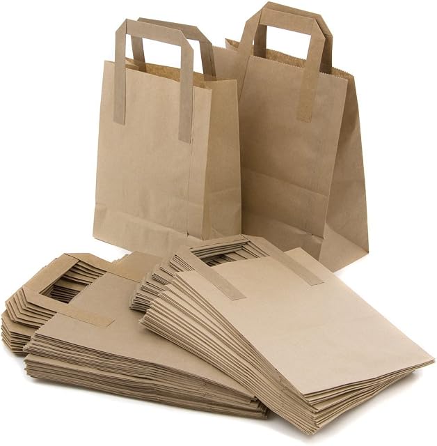 250 Takeaway Bags Brown Kraft Paper SOS Food Carrier Bags with Handles Eco Friendly Safe Party Takeaway Bar Restaurant Shopping Lunch Gift Picnic Durable & Biodegradable (SMALL (7" x 9" x 3.5"))