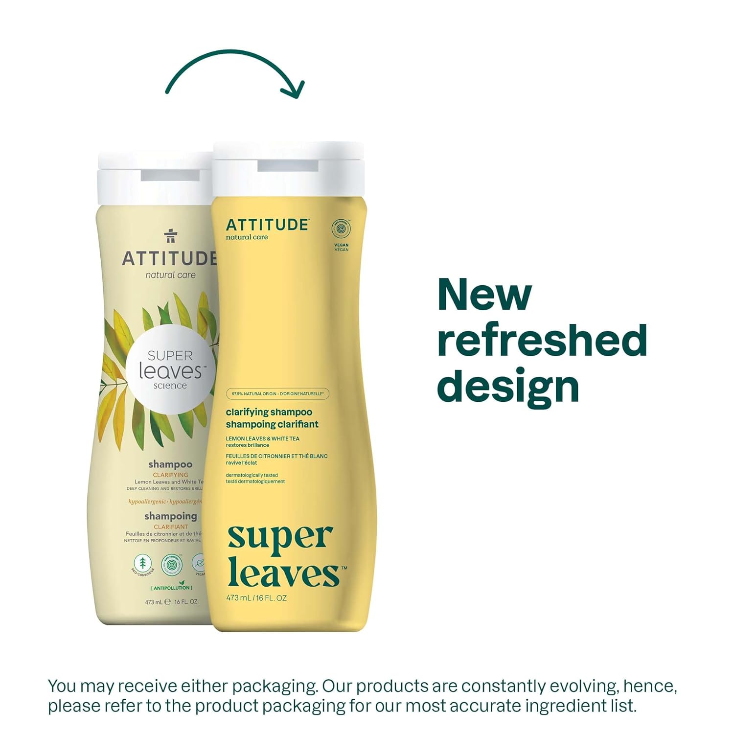 ATTITUDE Clarifying Hair Shampoo,EWG Verified,Restores Shine,Naturally Derived Ingredients,Vegan and Plant Based,Lemon Leaves and White Tea,16 Fl Oz,(Pack of 2)