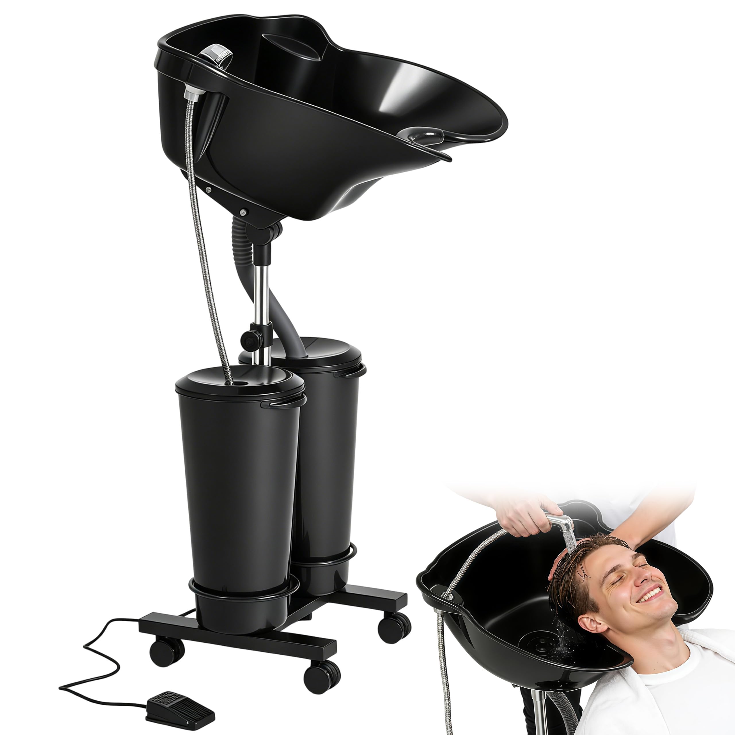 Mobiles Waschbecken mit Elektrischer Pumpe 2-Eimer Ablaufschlauch Haarwaschbecken with 4 Räder Höhen- und Winkelverstellbarer Kopfwaschbecken für Zuhause Salon Friseursalon Barbershop