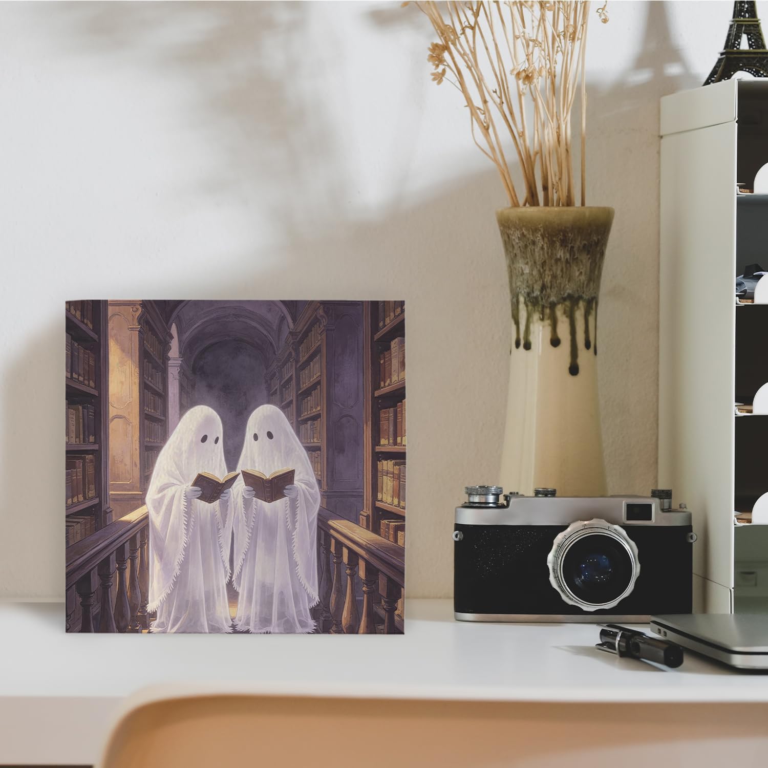 Cute Halloween Ghost Reading Book Wooden Box Sign, Library Reading Book Decor, Halloween Bookshelf Bookish Ghost Sign Decor for Home Library, 5x5 Inch image 5