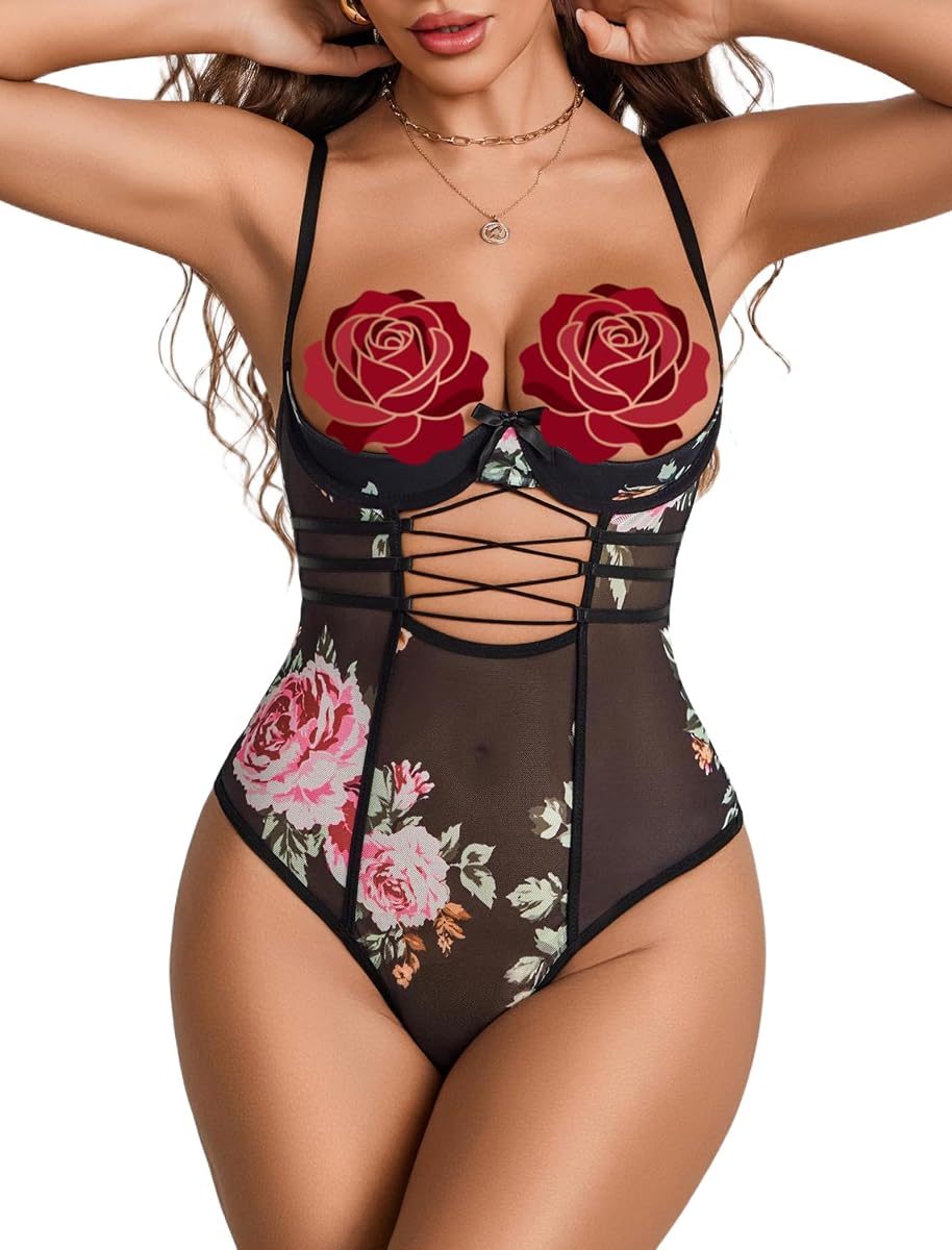 Body de malla transparente con lencería sexy para mujer con aros Teddy Babydoll