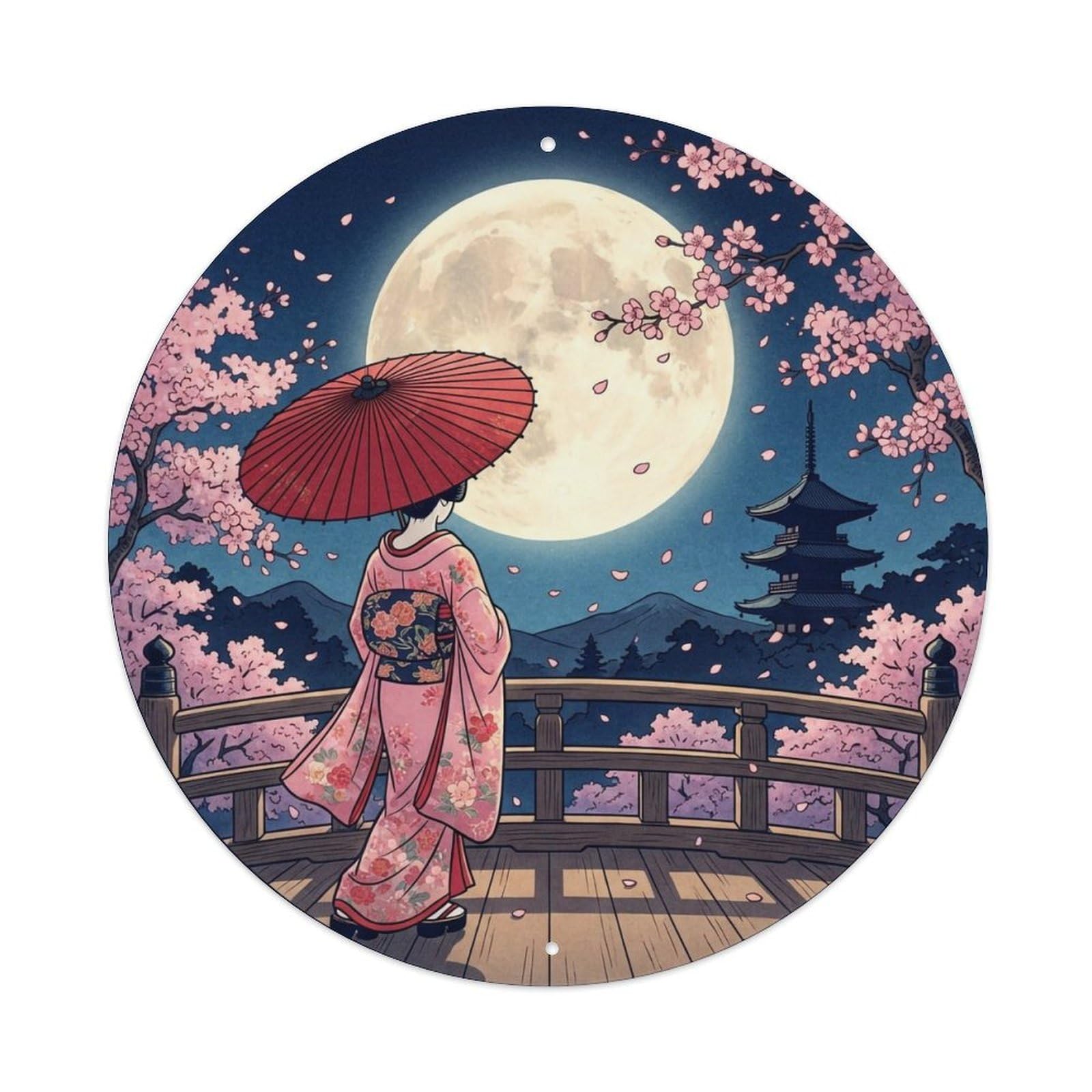 Yrnq 8X8inch Vintage Style Japanese Kimono Lady Full Moon Cherry Graceful Imagery Metal Tin Sign