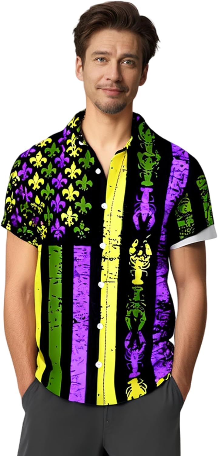 Mens Mardi Gras Shirt Print Short Sleeve Hawaiian Bowling Casual Button Down Beach Shirts - Image 2