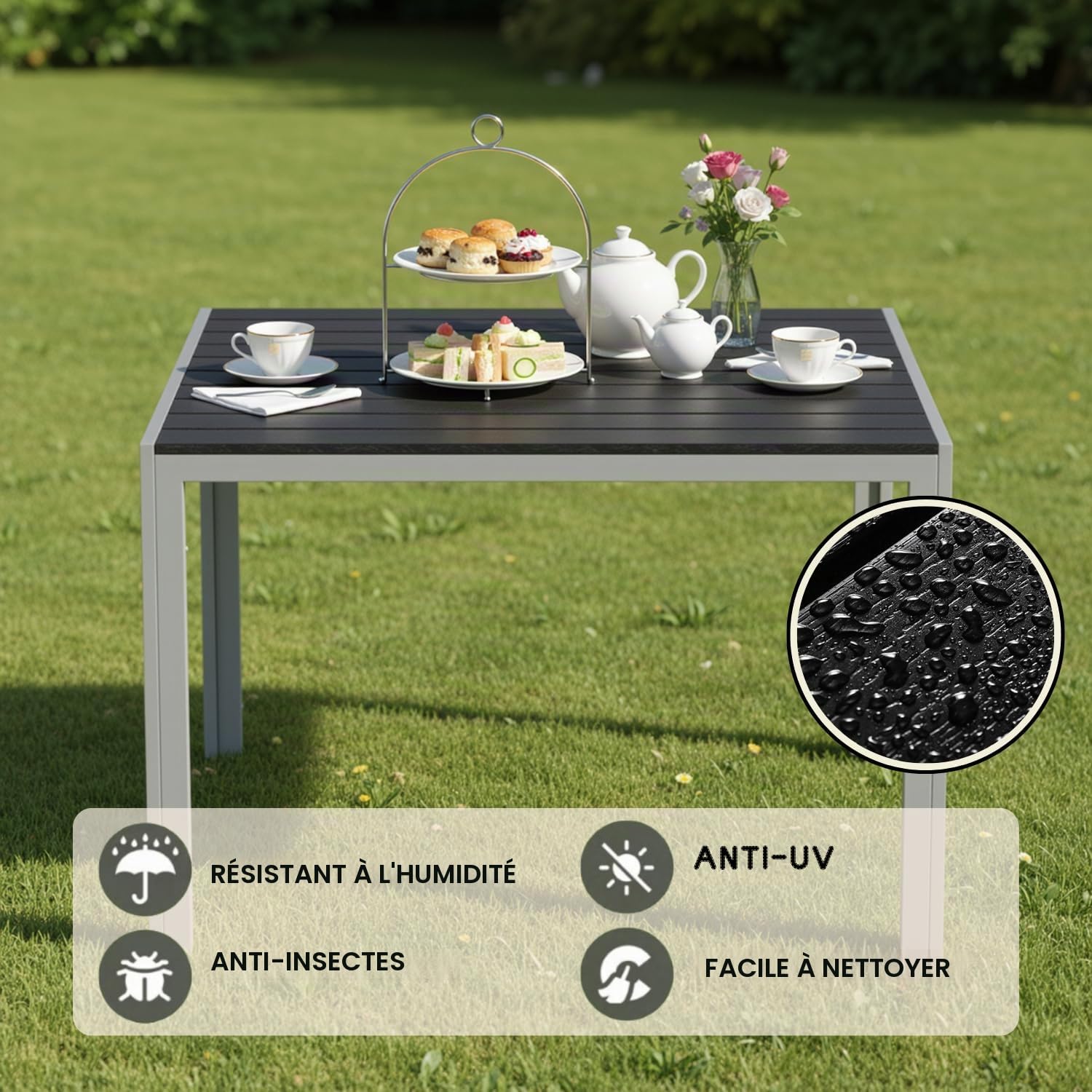 Clevich Table de Jardin résistante aux intempéries, 110 x 70 cm, Table de Salle à Manger d'extérieur, Table de Balcon WPC, Cadre en Aluminium, Meubles de Jardin résistants aux intempéries, Table de