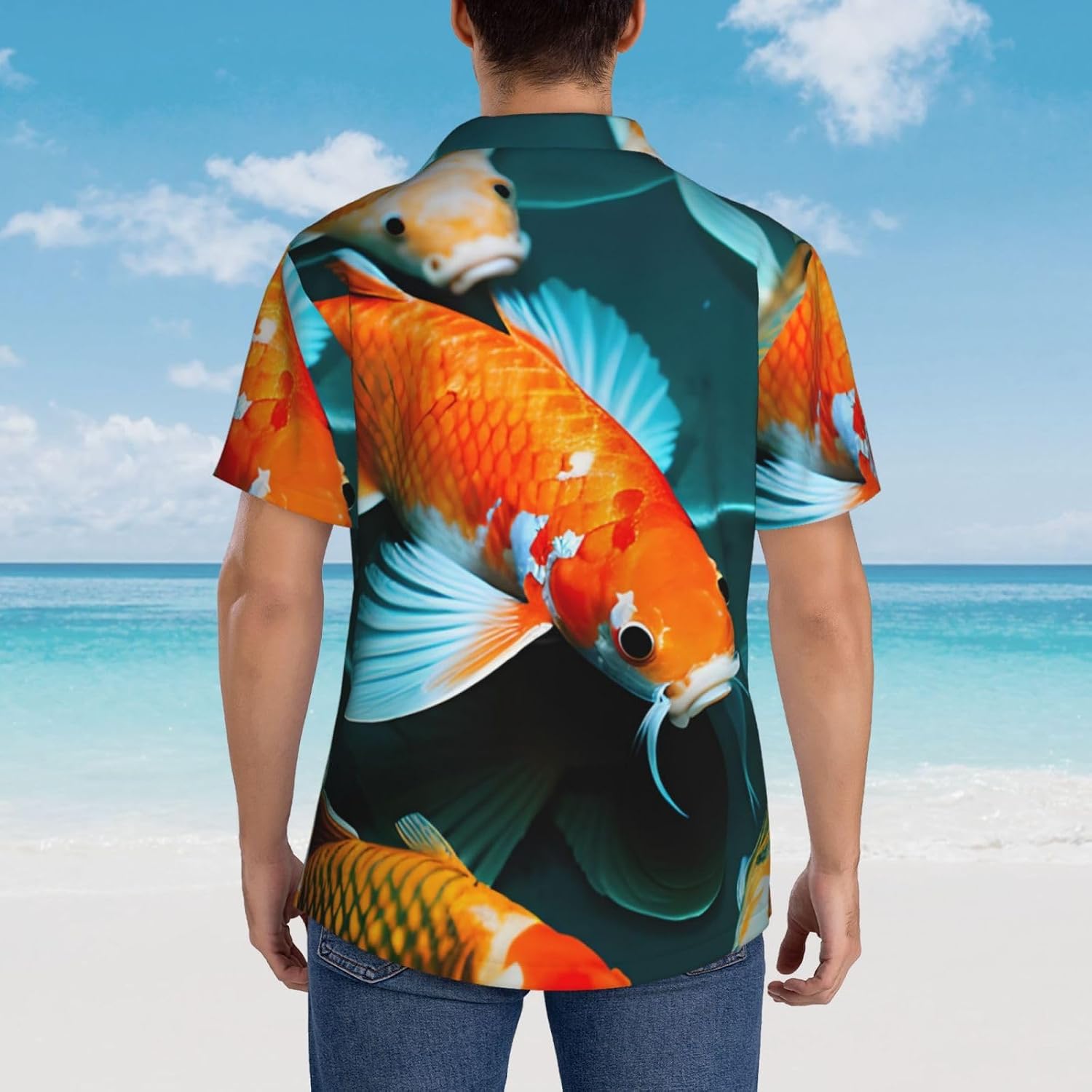 Men's HD Koi Fish Print Hawaiian Shirt Casual Button Down Beach Shirts Short Sleeve with Pocket.