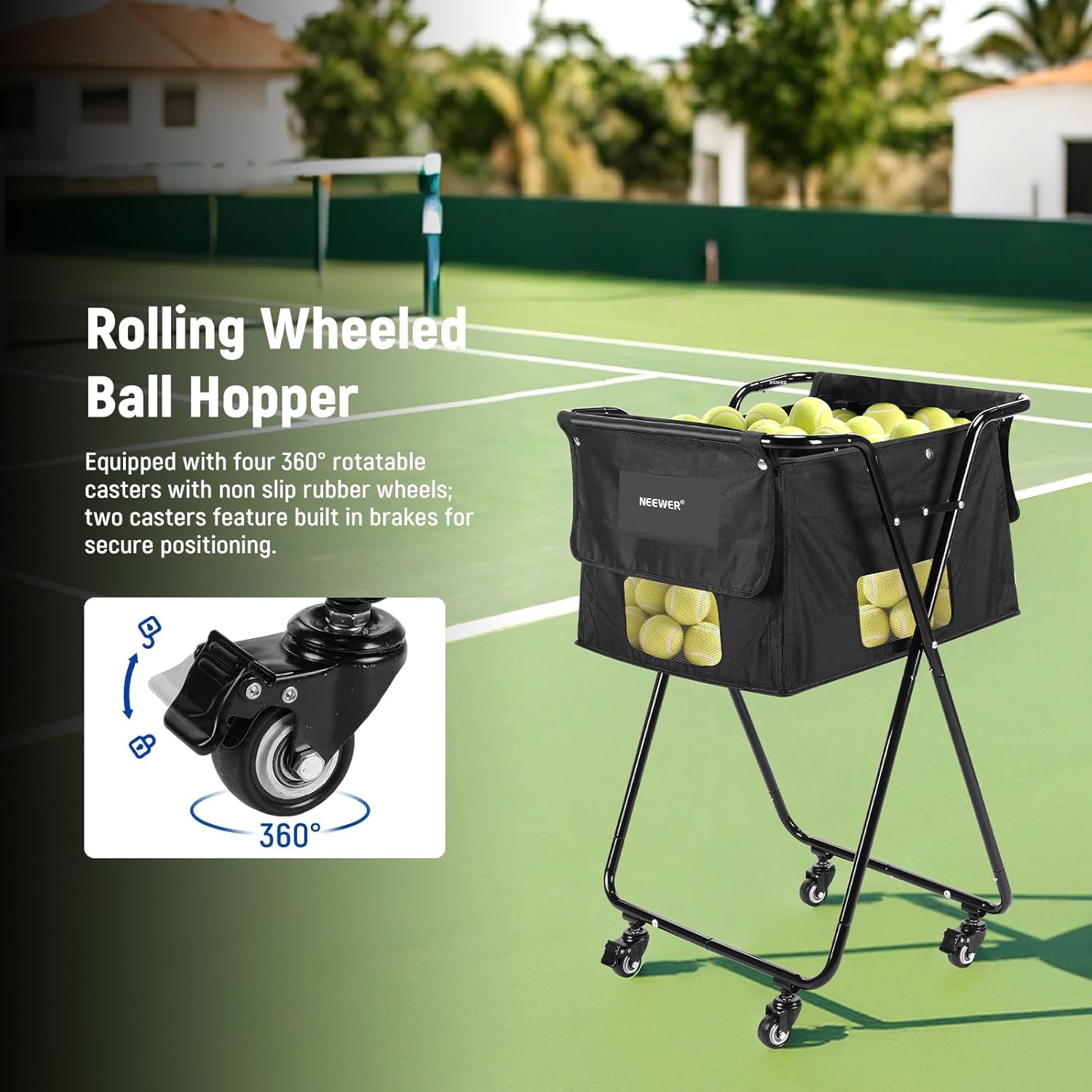 NEEWER Tennis Ball Hopper, Pickleball Retriever Collector Basket Cart Holder Tennis Court Equipment Accessory for Training Teaching