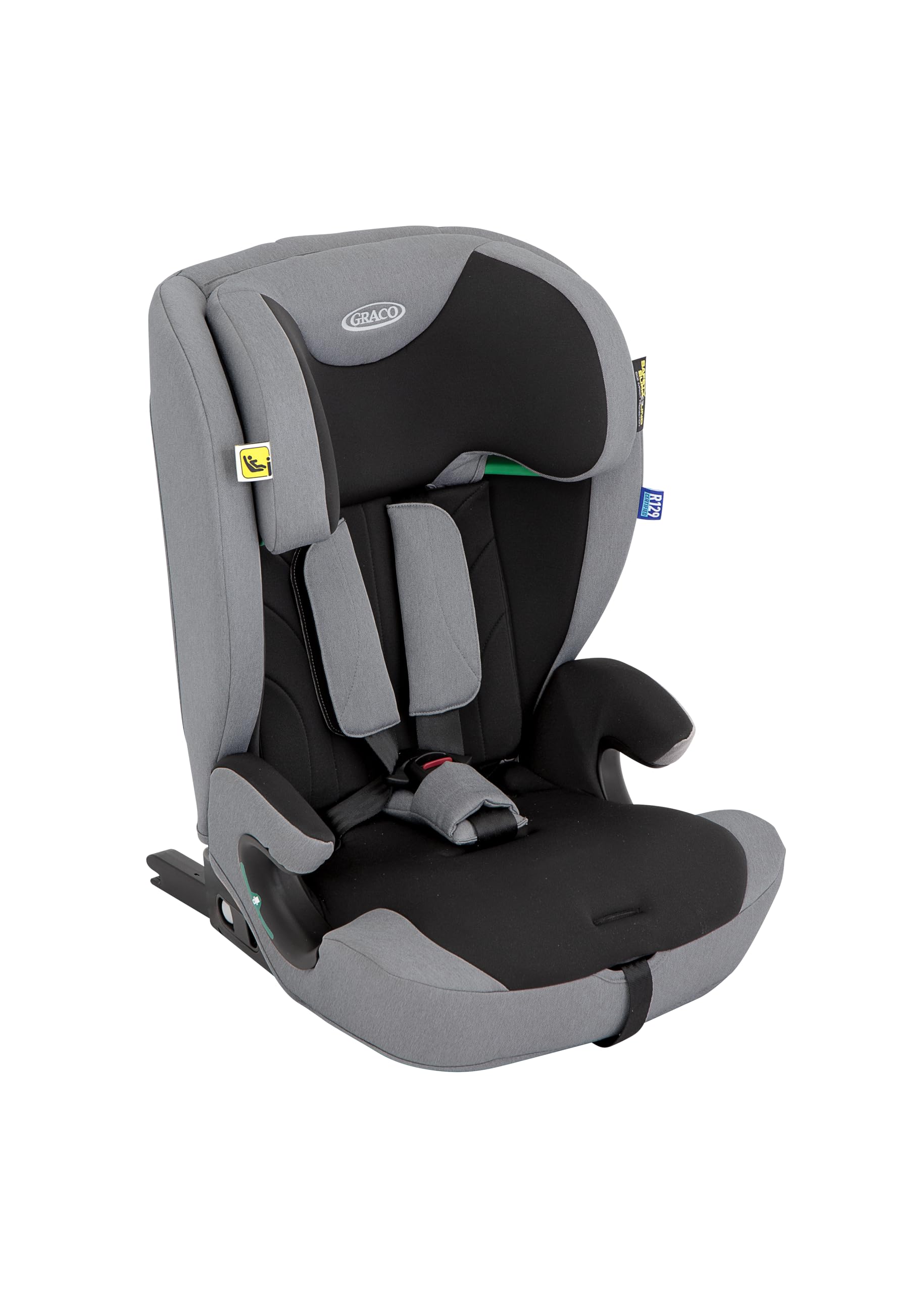 Graco Energi i-Size R129, rehausseur à harnais 2-en-1 ISOFIX avec attache supérieure, de 76 à 150 cm (de 15 mois jusqu'à environ 12 ans), face à la route, gris/noir, Meteor