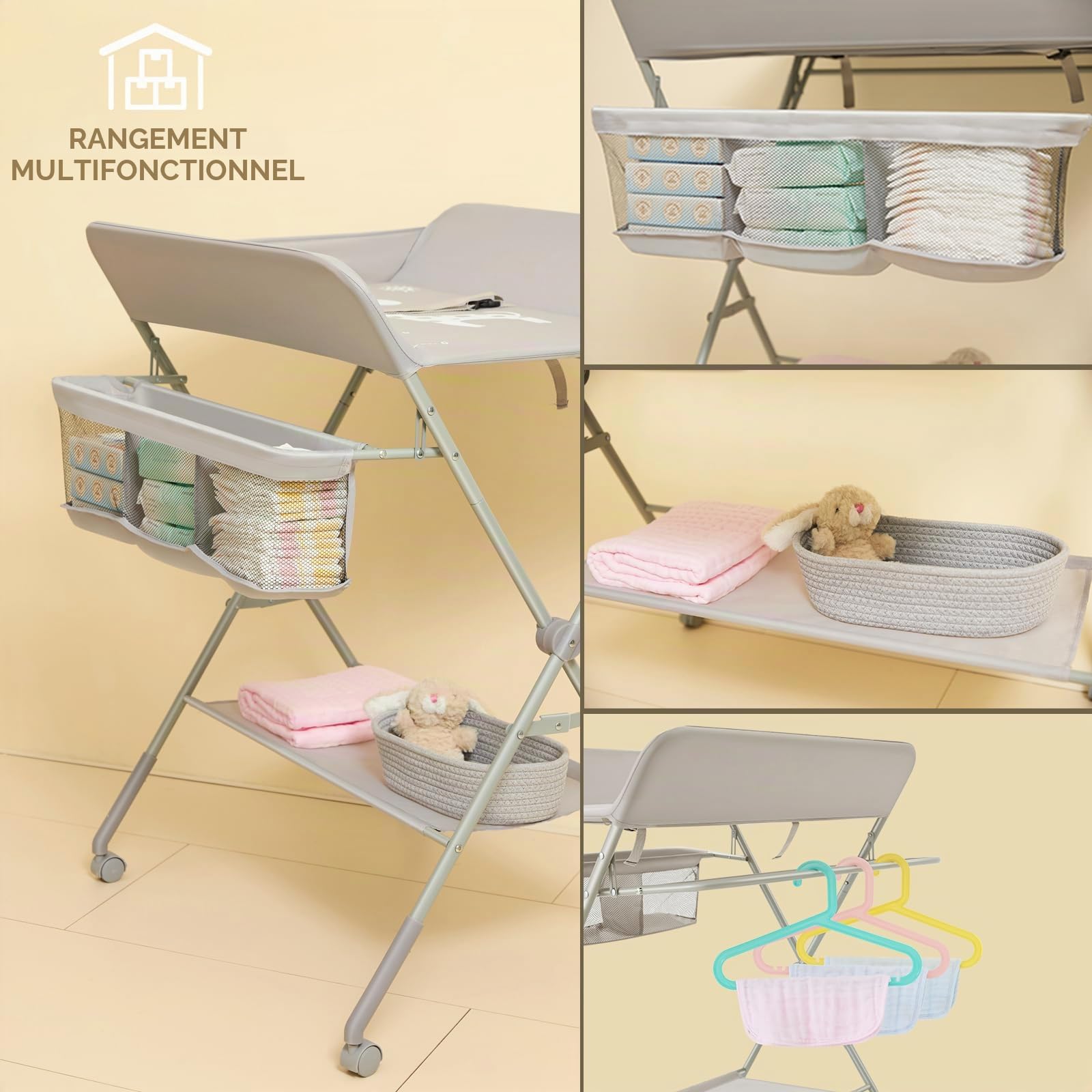 KARAOK Table à Langer bébé avec roulettes, Station à Langer portative avec réglage de la Hauteur à 4 Niveaux et Support de Rangement pour Nouveau-né, bébé (Gris Clair)