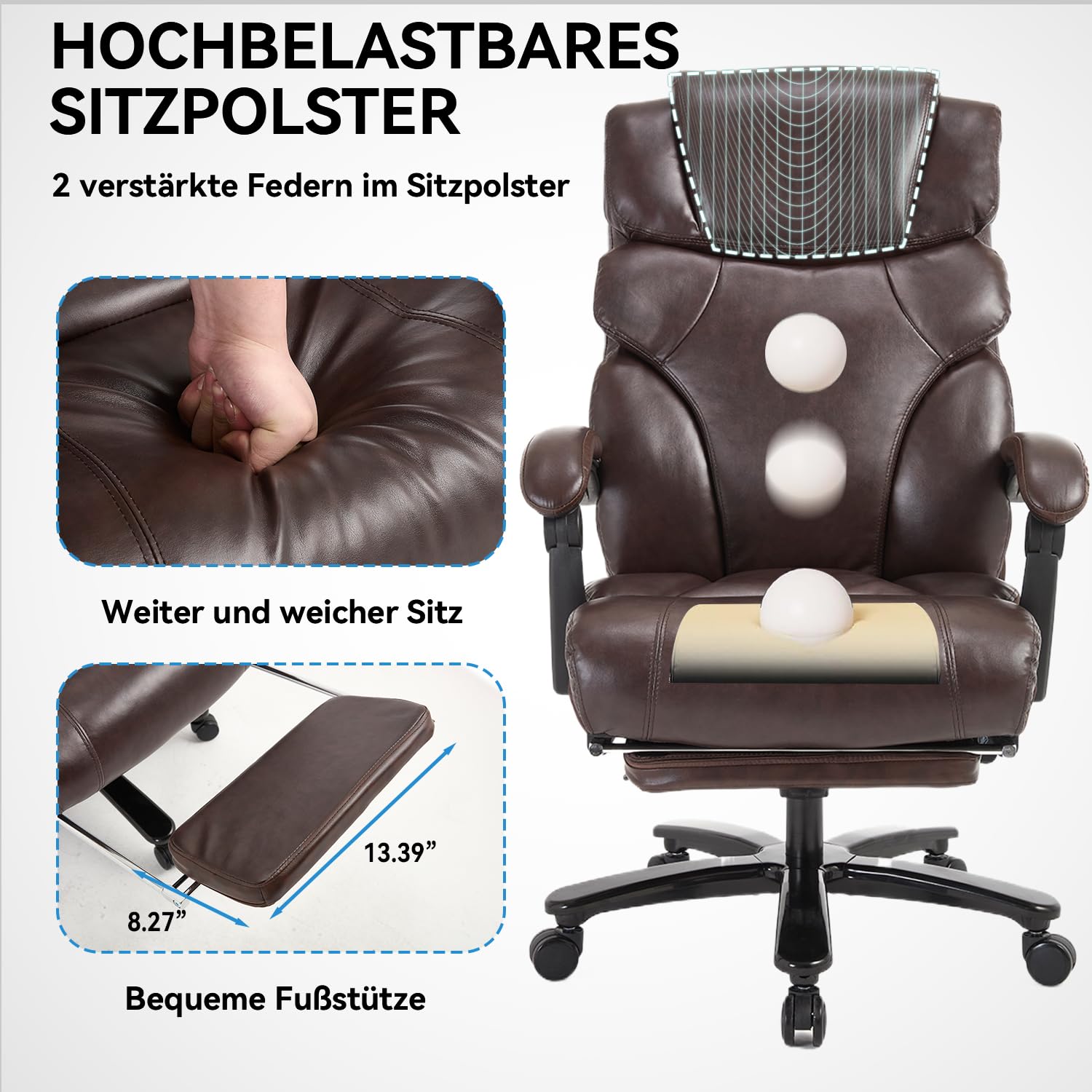 Bosmiller Bürostuhl Ergonomischer Chefsessel Bürostuhl 200 kg, Verstellbarer Rückenlehne, Hochklappbaren,Armlehnen,Elastisches Kissen für Homeoffice, Schreibtischstuh Büro,Weiß