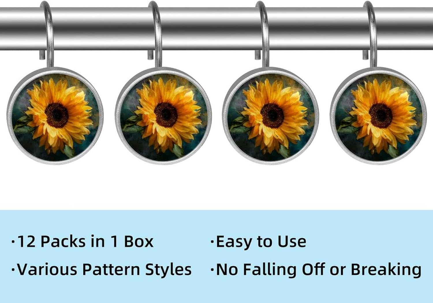 12 Pcs Art Yellow Sunflower (3) Shower Curtain Hooks, Rustproof Decorative Metal Round Shower Curtain Hangers Rings for Bathroom Bedroom Living Room Rods