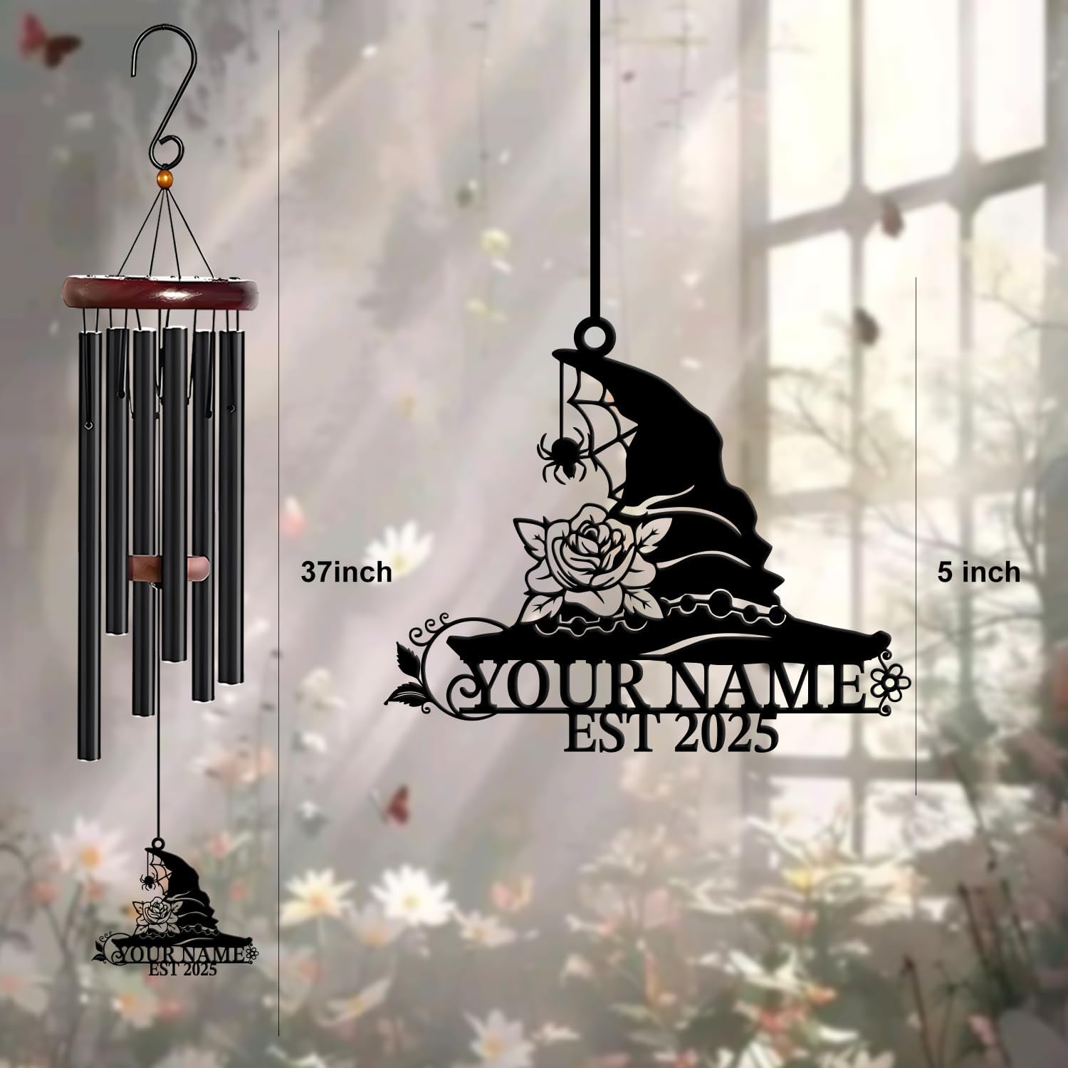 Personalized Customize Name Witch Magic Lover Wind Chime, Metal Iron 37 Inch Outdoor Memorial Gift for Garden Yard Patio Home Decor, Black (Style B)