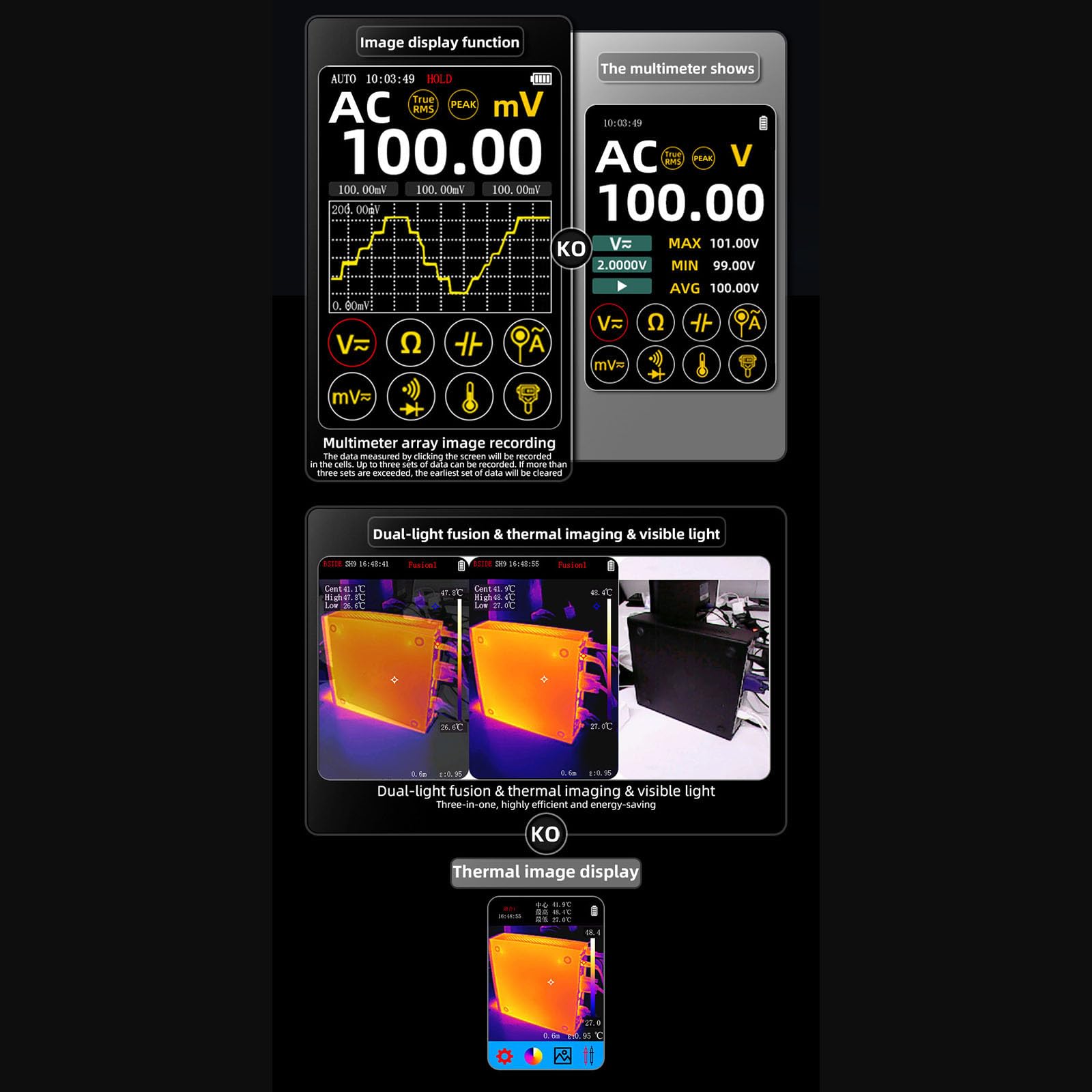 Dispositivo di imaging termico tenuto in mano integrato con multimetro digitale ad alta precisione per test automobilistici ed elettrici Microscopio Lens Multimetro coerente