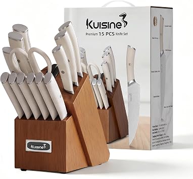 Kuisine Kitchen Knife Set,High Carbon Stainless Steel Ultra Sharp Blade Ergonomic Handle,Knife Block Set with Built-in Sharpener,Elegant Gift for Holiday(Irovy-Acacia,15PCS)