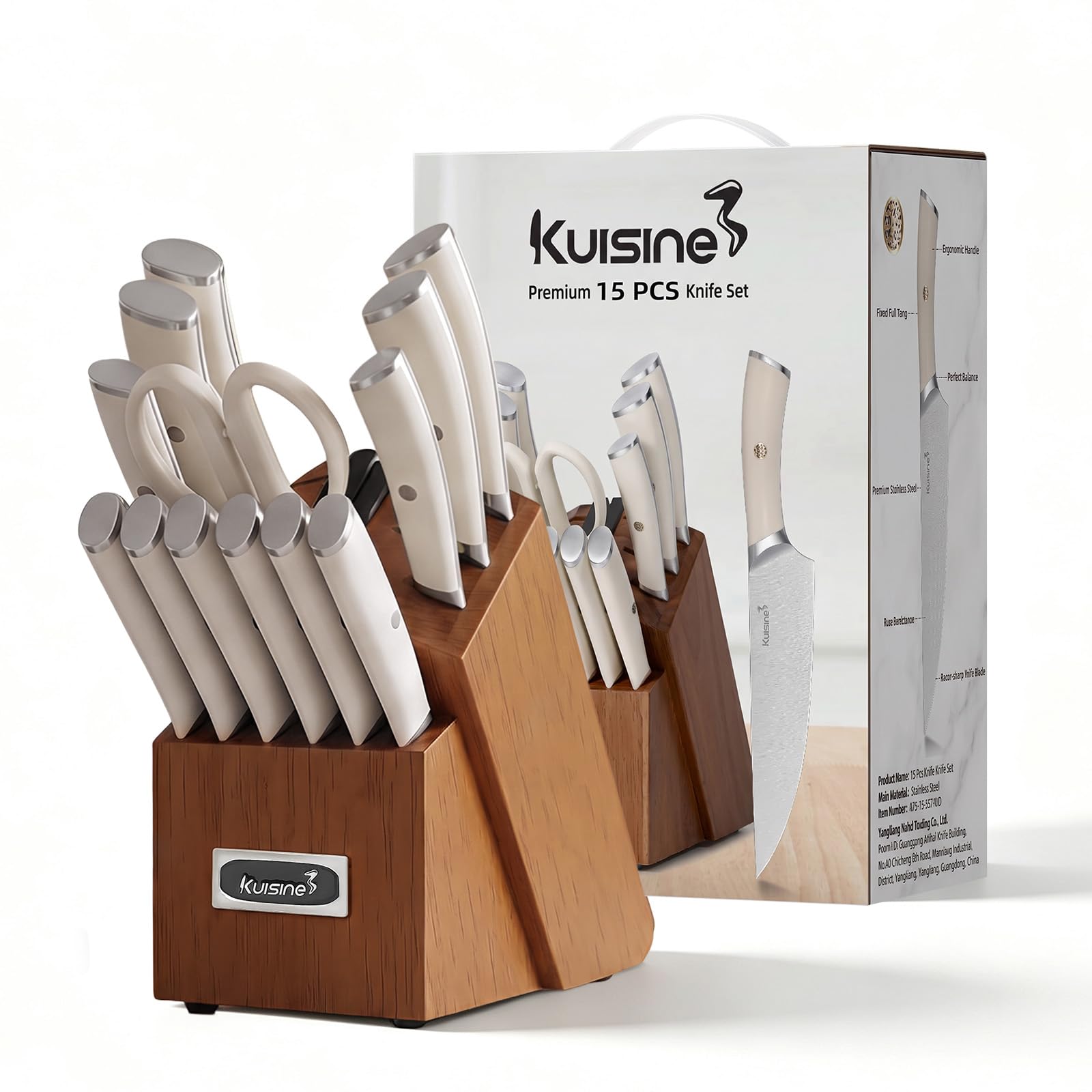 KUISINE Upgraded Sharp Chef Knife Set,High Carbon Stainless Steel Ergonomic Rivet Handle,Knife Block Set with Built-in Sharpener(Acacia Ivory Pro,15PCS) — Amazon image 2