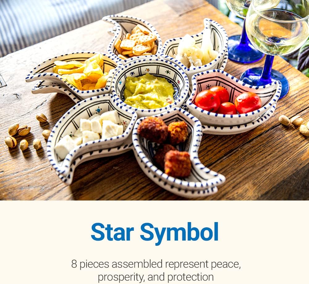 Kamsah Plate Set & Serving Platter, Custom Hand-Painted Ceramic Appetizer Tray Serving Dishes for Celebrations, Parties and Events (Star - Large, Bohemian Blue)
