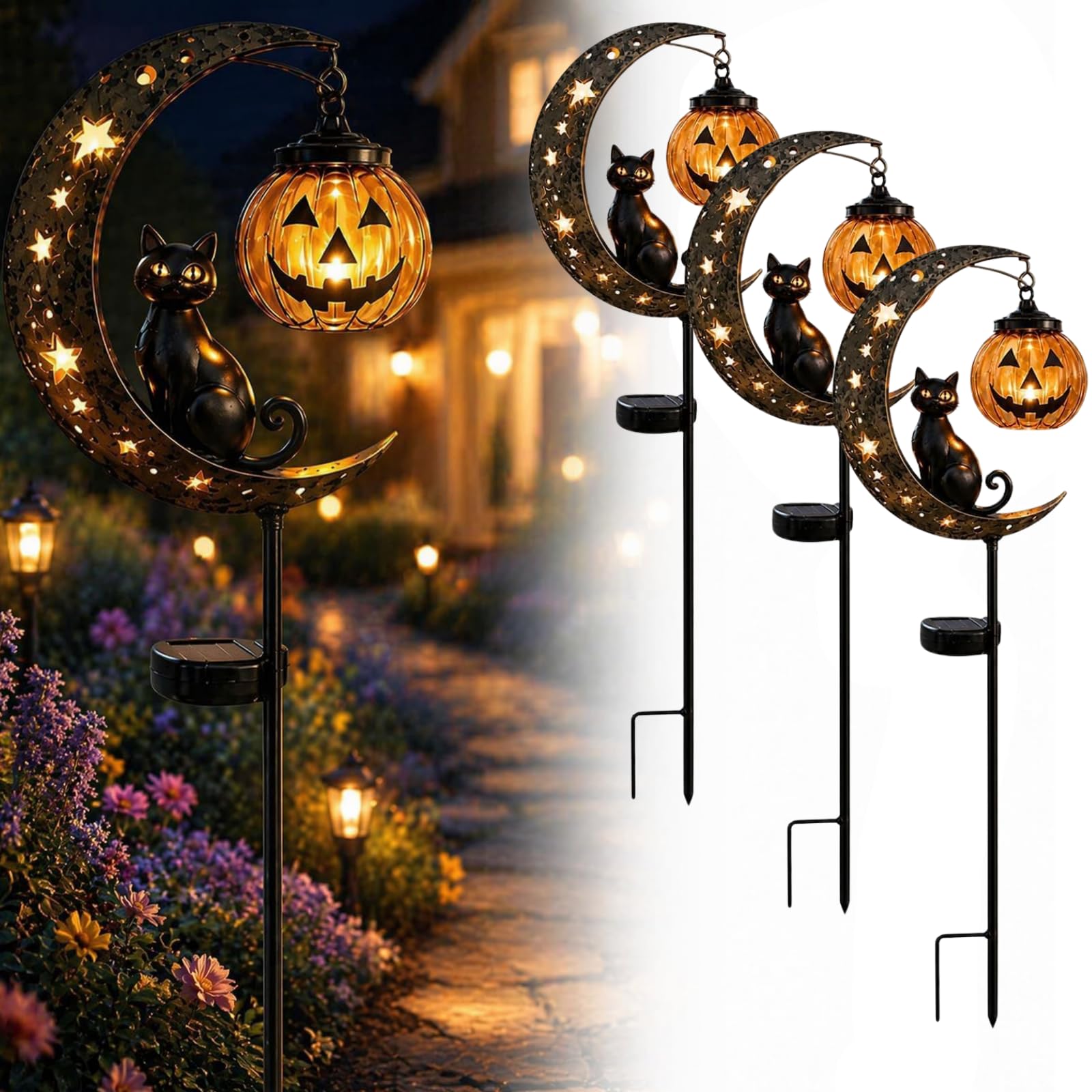 Lampada Solare da Giardino a Forma di Gatto Nero per Halloween, da Appendere a Forma di Zucca o Luna | Lampada da Giardino a Forma di Zucca e Luna, in Metallo Resistente alle intem