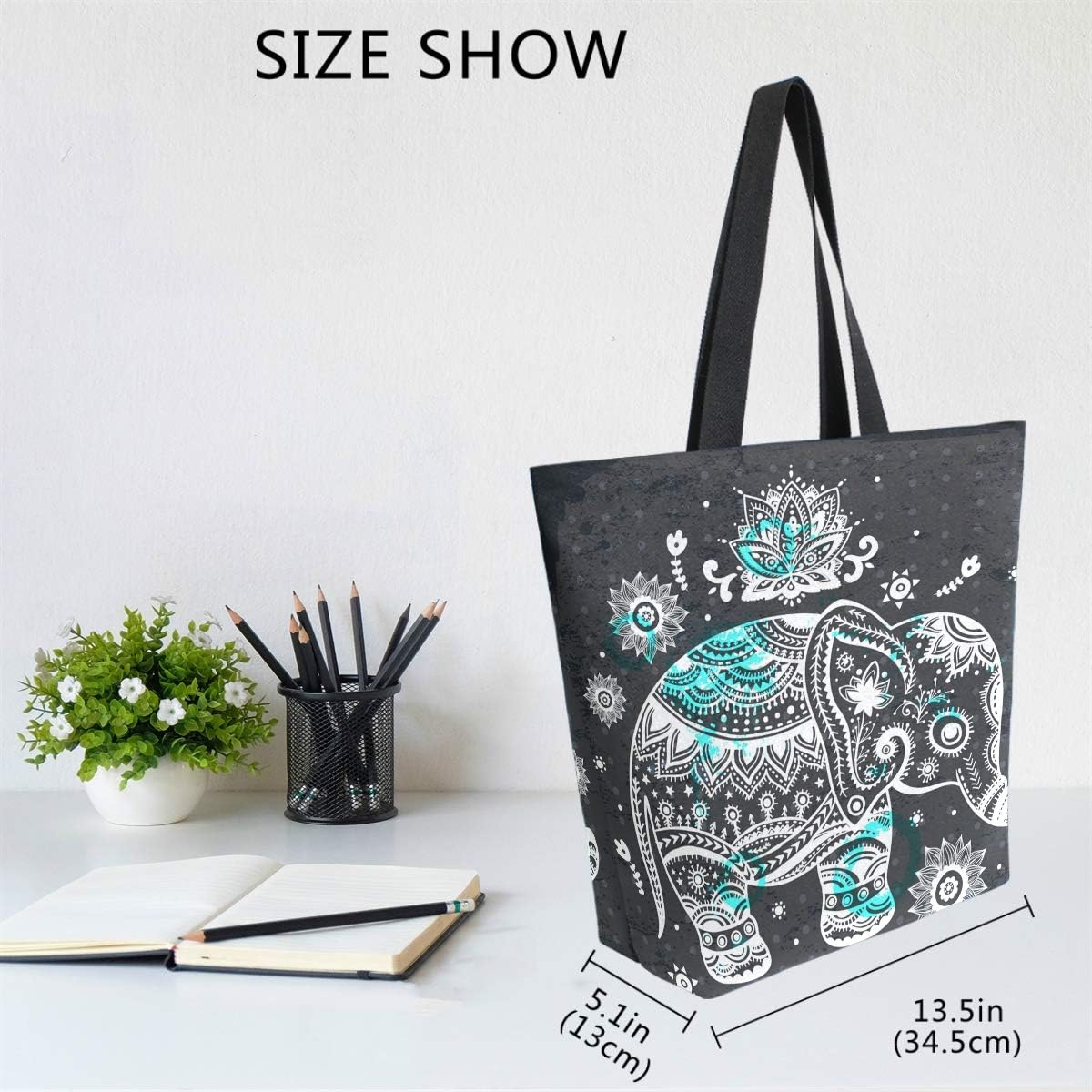 Naanle Animal Elephant Canvas Tote Bag Large Women Casual Shoulder Bag Handbag, Floral Elephant Reusable Multipurpose Heavy Duty Shopping Grocery Cotton Bag for Outdoors. - Image 6