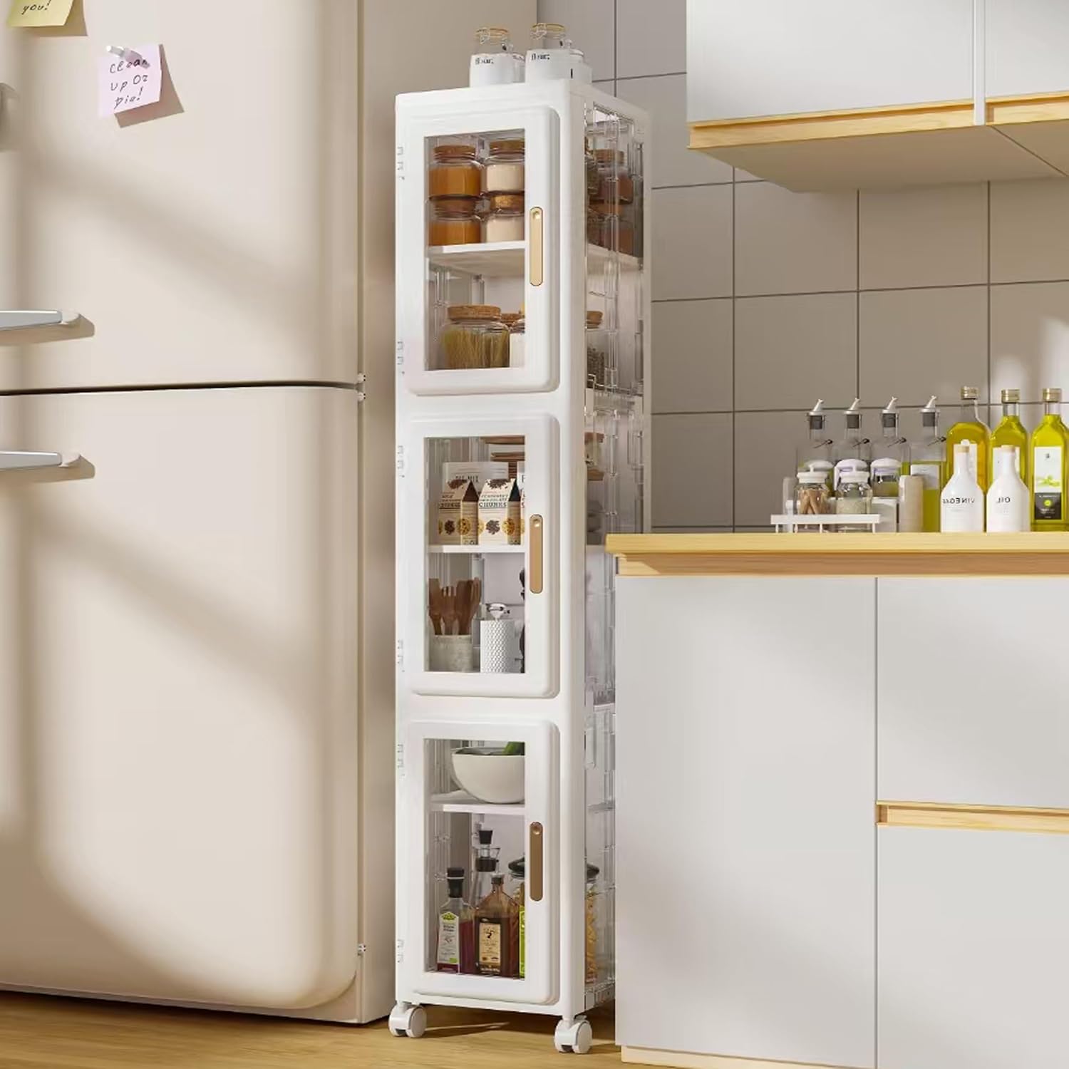 3-Tier Tall Narrow Storage Cabinet,Narrow Bathroom Storage Cabinet with Transparent Doors and Movable Wheels,Suitable for Small Spaces, Bathrooms, Kitchens,White (9.8x11.8x50.8)