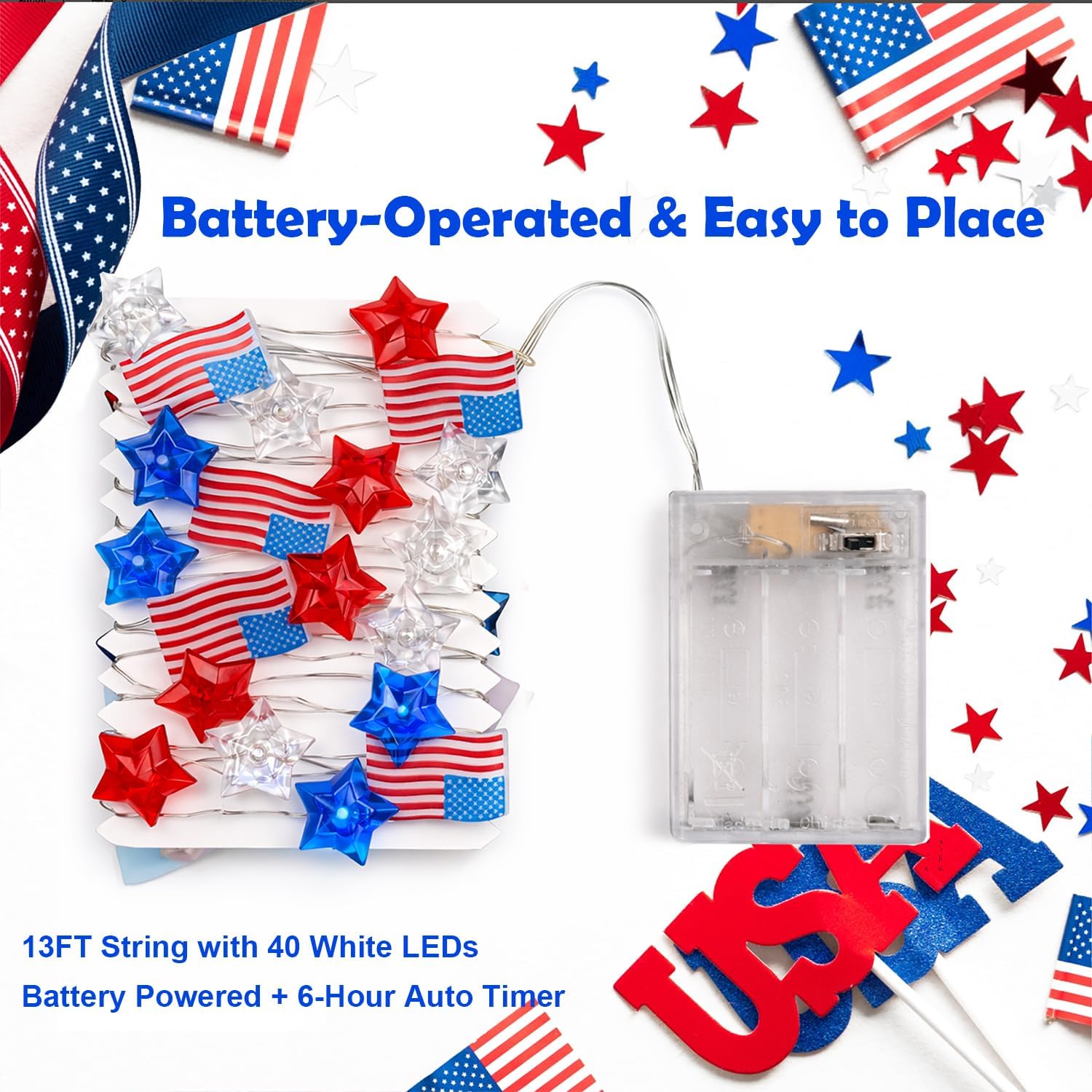4th of July Decorations Red White and Blue Star American Flag Lights 40 LED | 13FT Fairy String Lights Battery Operated with Timer Fourth of July Decor for Memorial Day Independence Day Patriotic