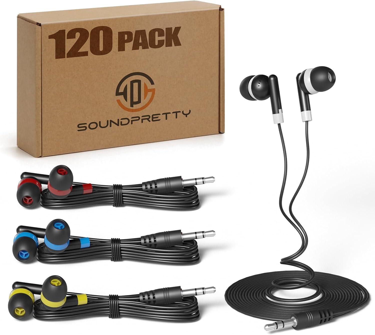 SP SOUNPRETTY 120 Pack Wholesale School Earbuds in Bulk - 4ft Tangle-Free Cord, 4 Colors, 85dB Safe Volume Headphones for Classroom, Chromebook, Tablet - Individually Wrapped
