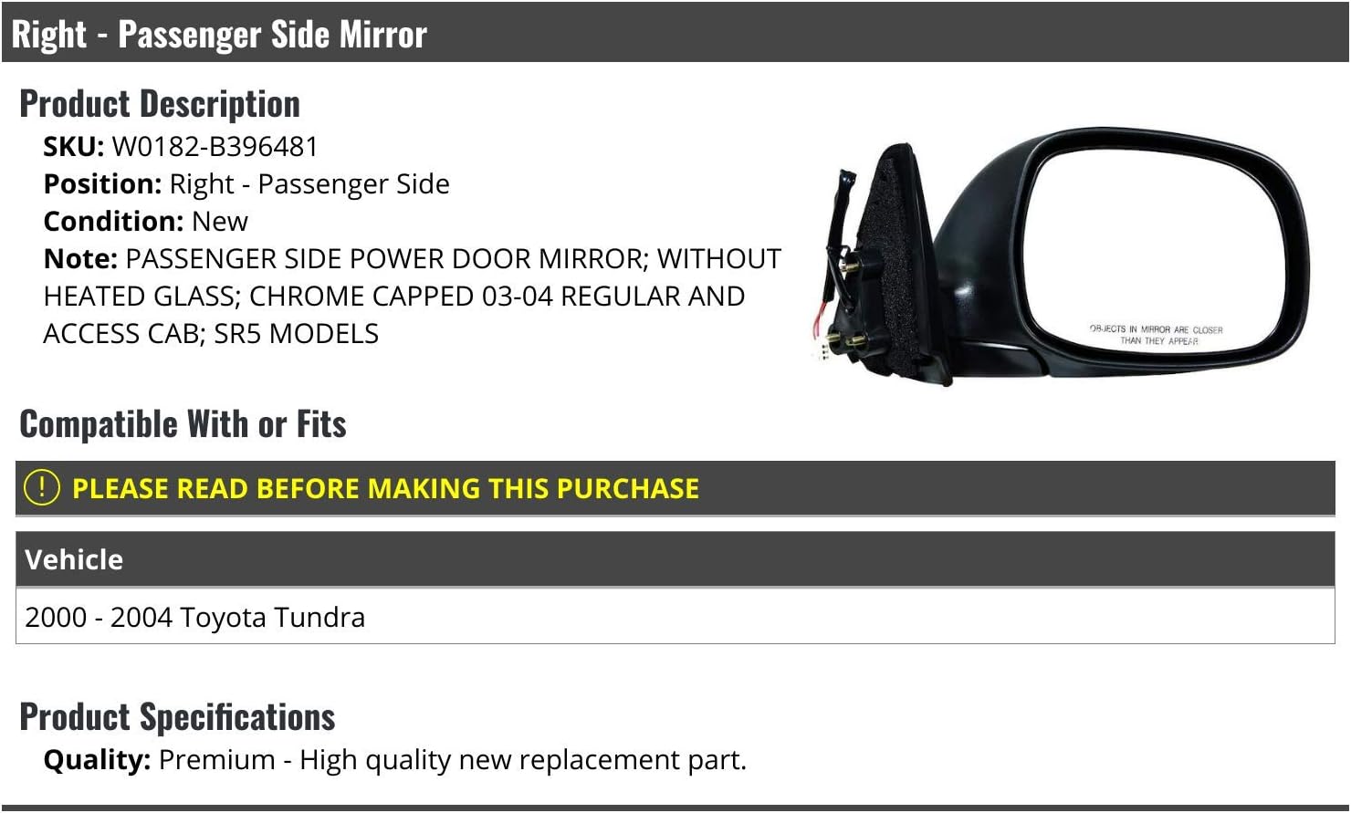 Marketplace Auto Parts Right Passenger Side Power Mirror - Chrome Cap - without Heated Glass - Compatible with 2000-2004 Toyota Tundra